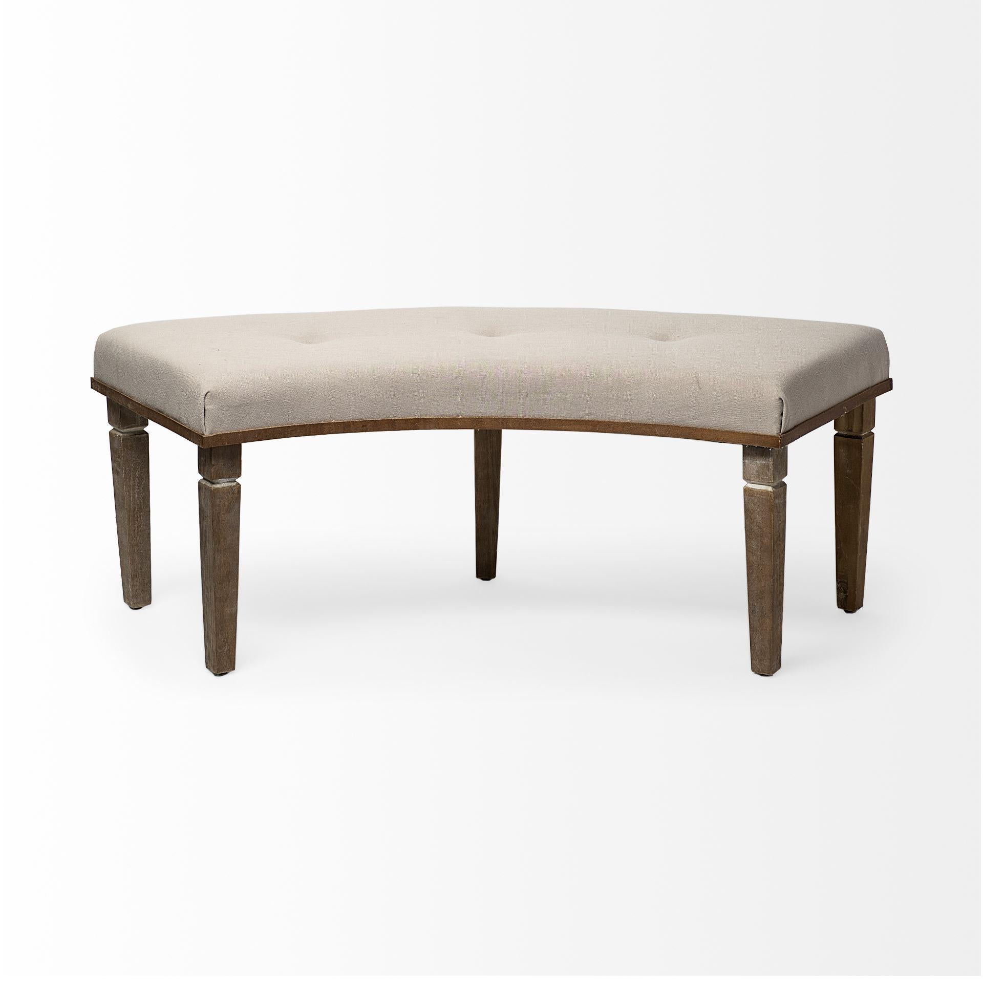 Solid Wood Curved Beige Upholstered Bench