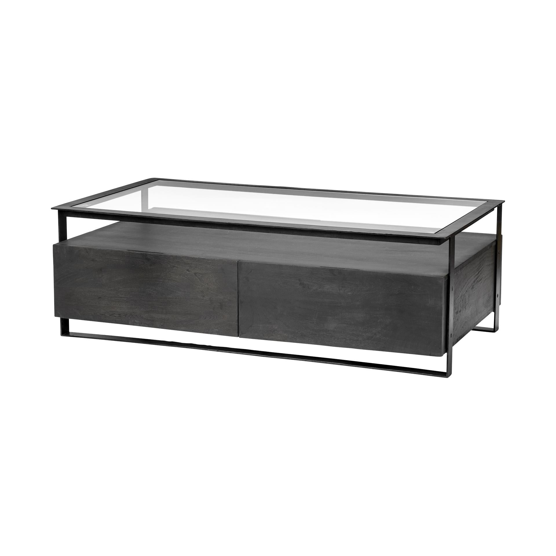 Rectangular Glass Top Solid Black Wood Base Coffee Table w 2 Drawers