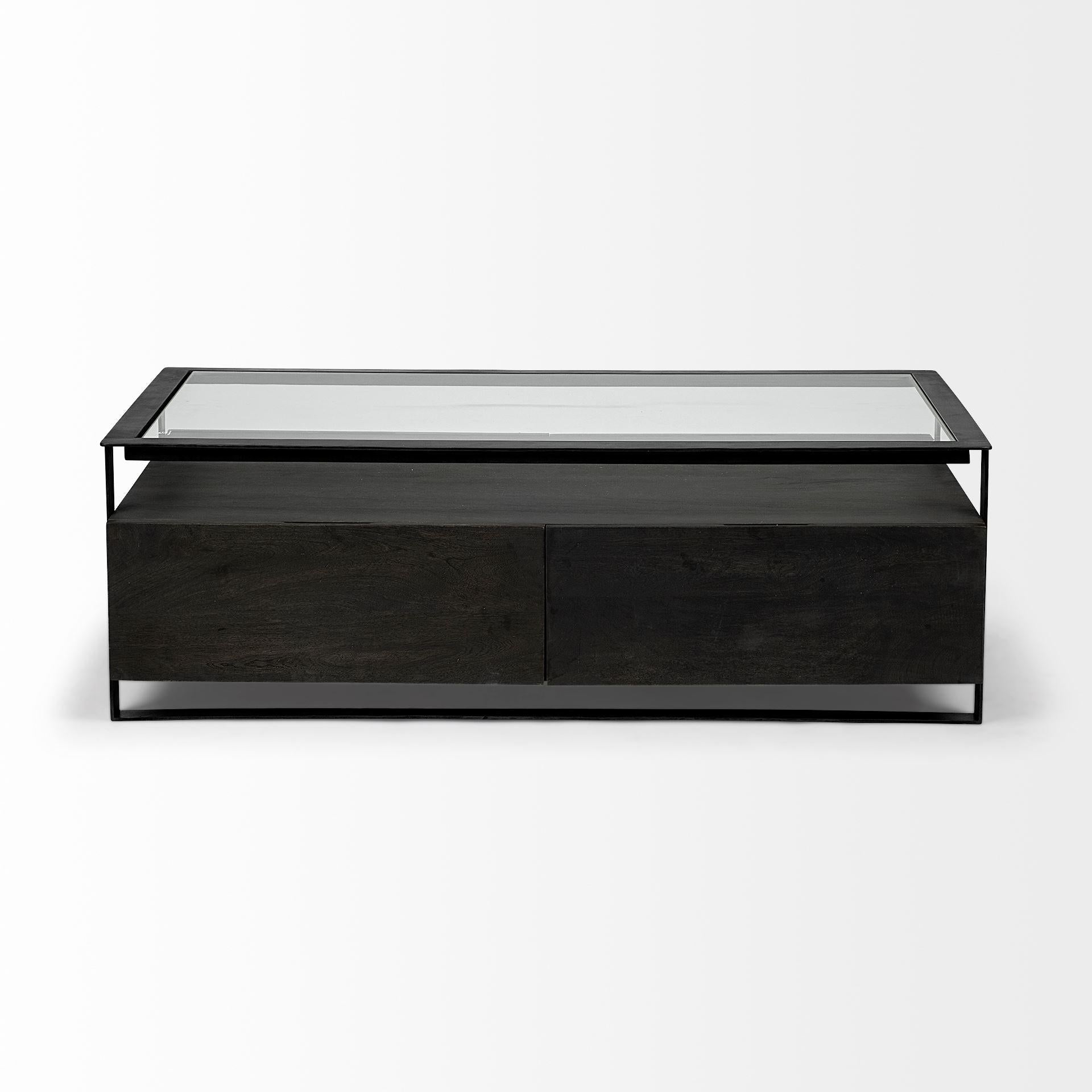 Rectangular Glass Top Solid Black Wood Base Coffee Table w 2 Drawers