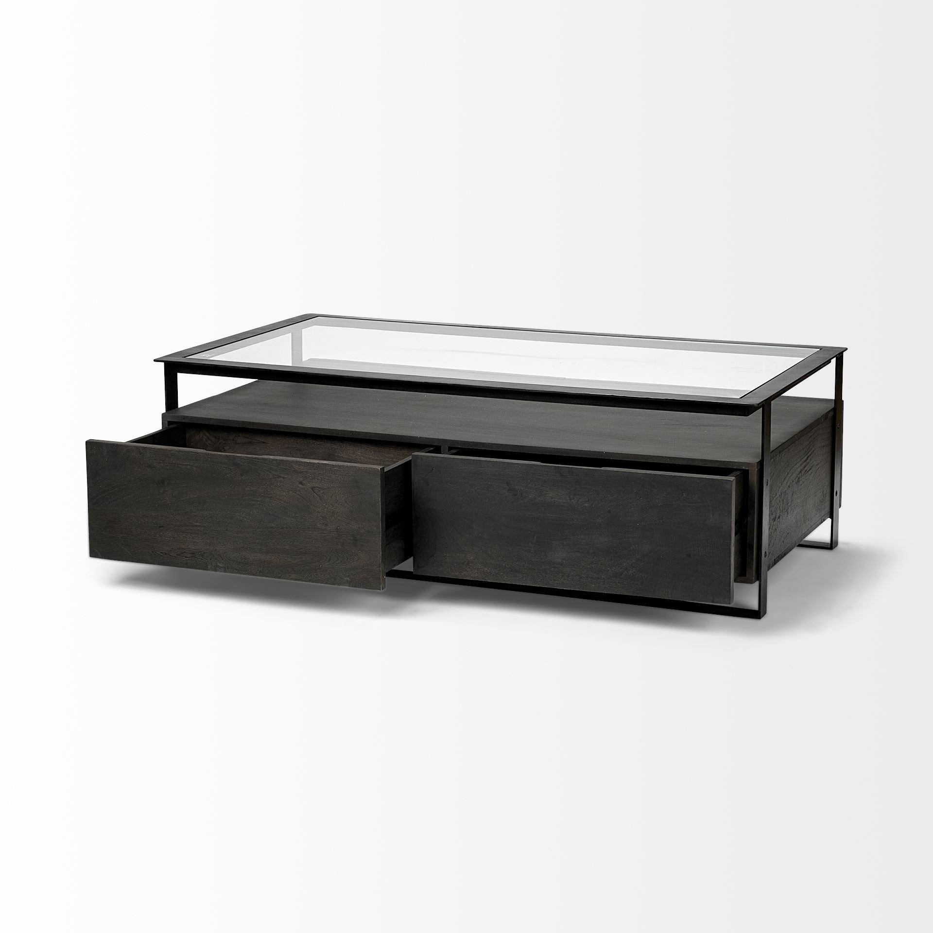 Rectangular Glass Top Solid Black Wood Base Coffee Table w 2 Drawers