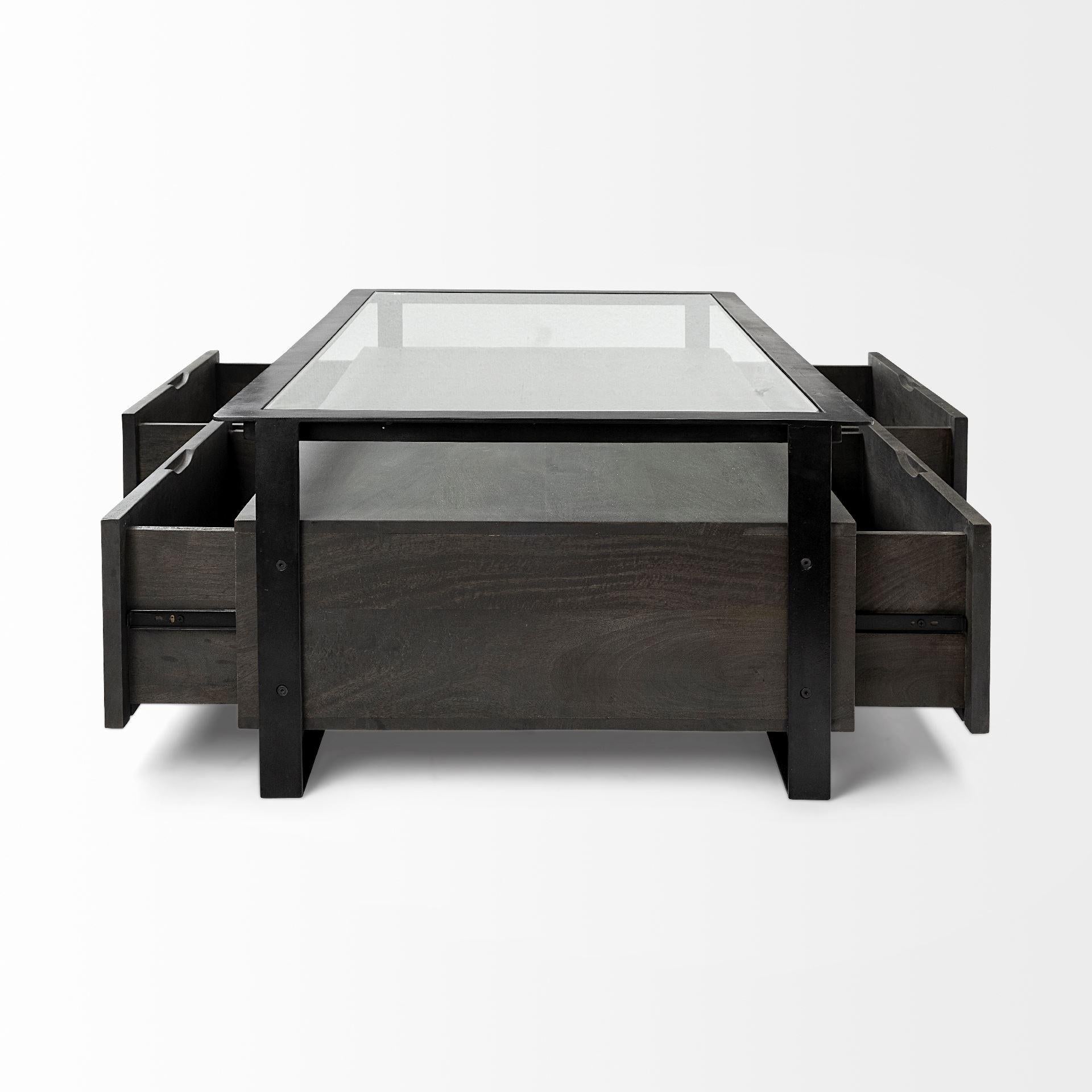 Rectangular Glass Top Solid Black Wood Base Coffee Table w 2 Drawers