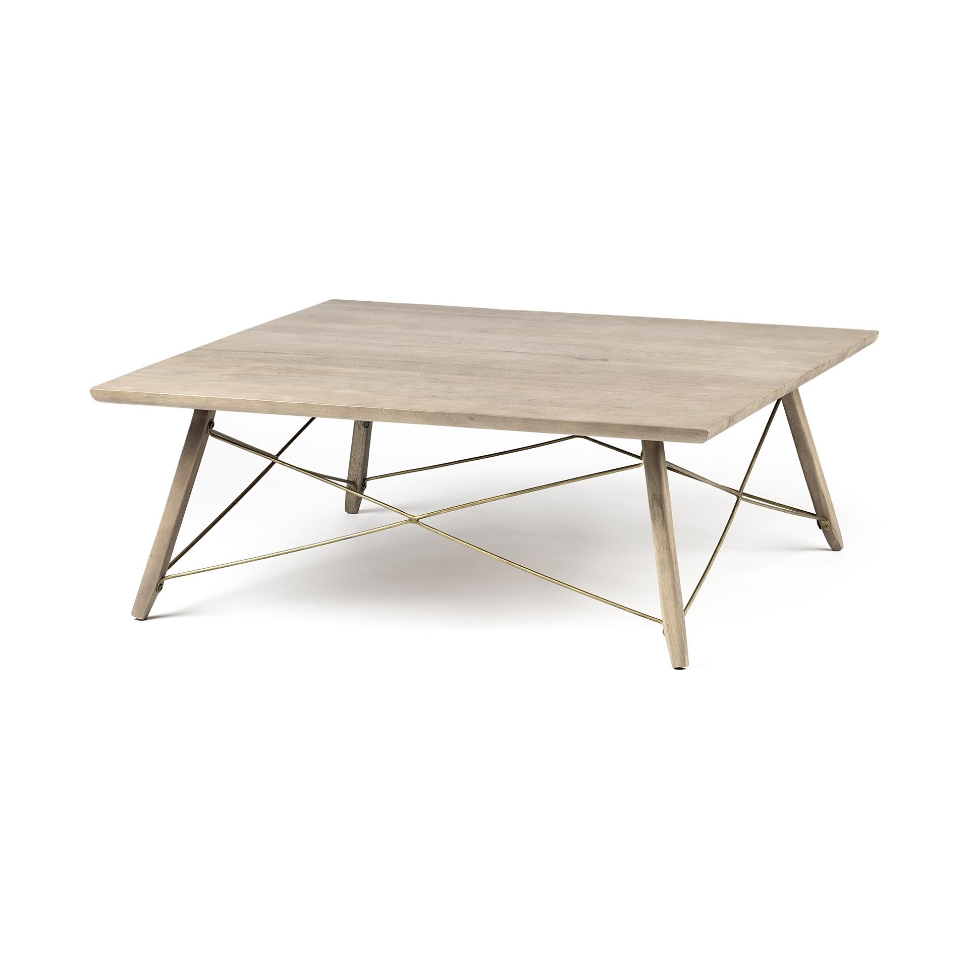 Square Solid Wood Top & Legs Coffee Table wMetal Bracing