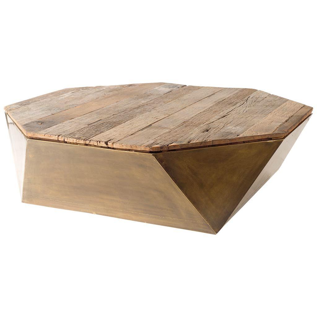 Hexagon Hinged Solid Wood Brass Metal Coffee Table w Storage