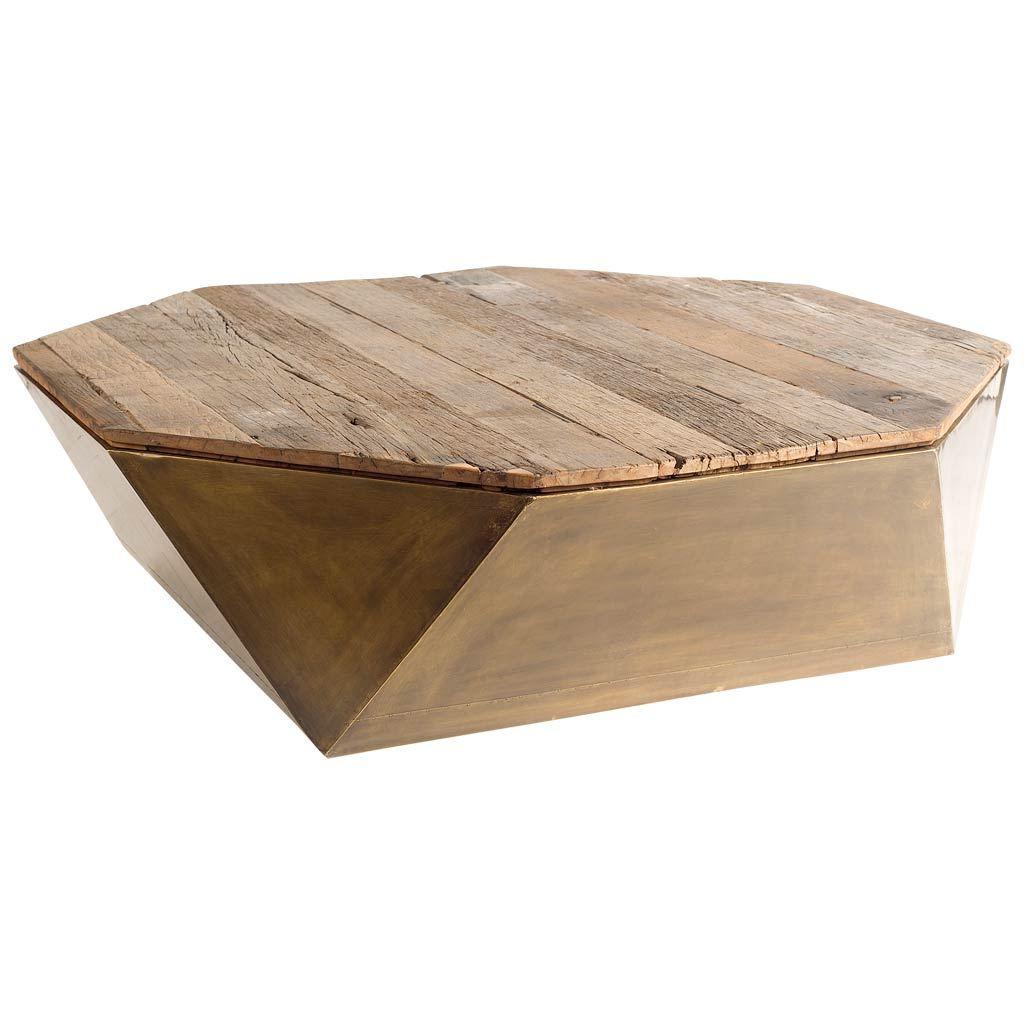 Hexagon Hinged Solid Wood Brass Metal Coffee Table w Storage