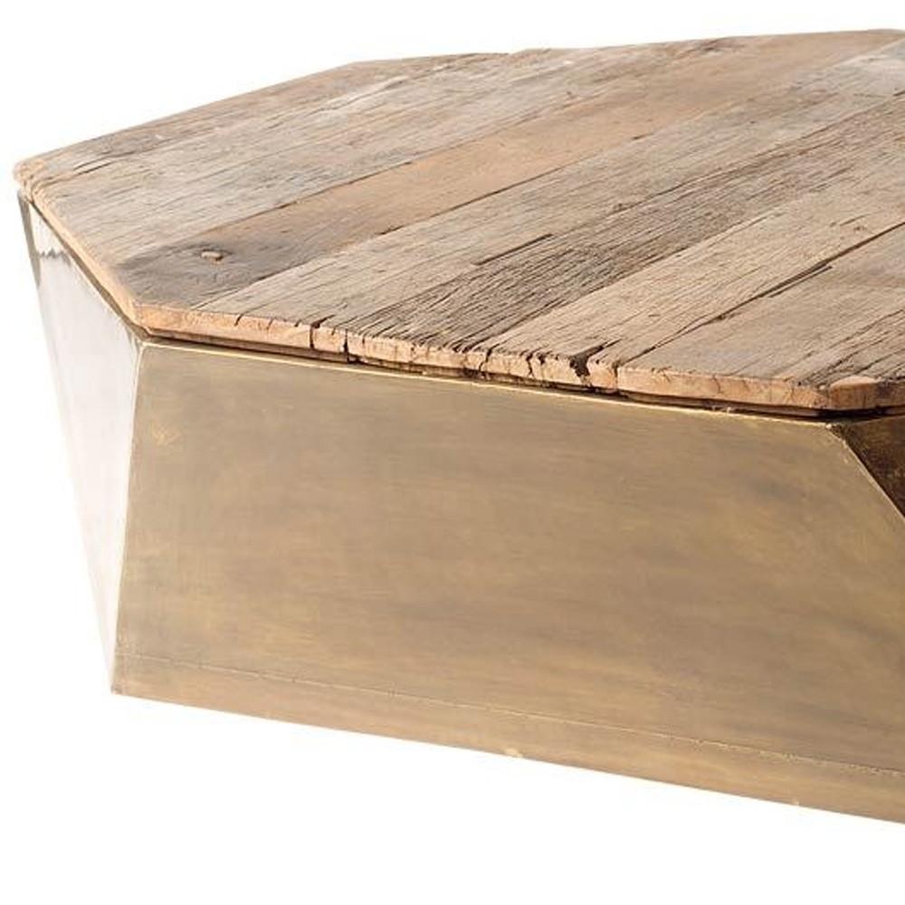 Hexagon Hinged Solid Wood Brass Metal Coffee Table w Storage