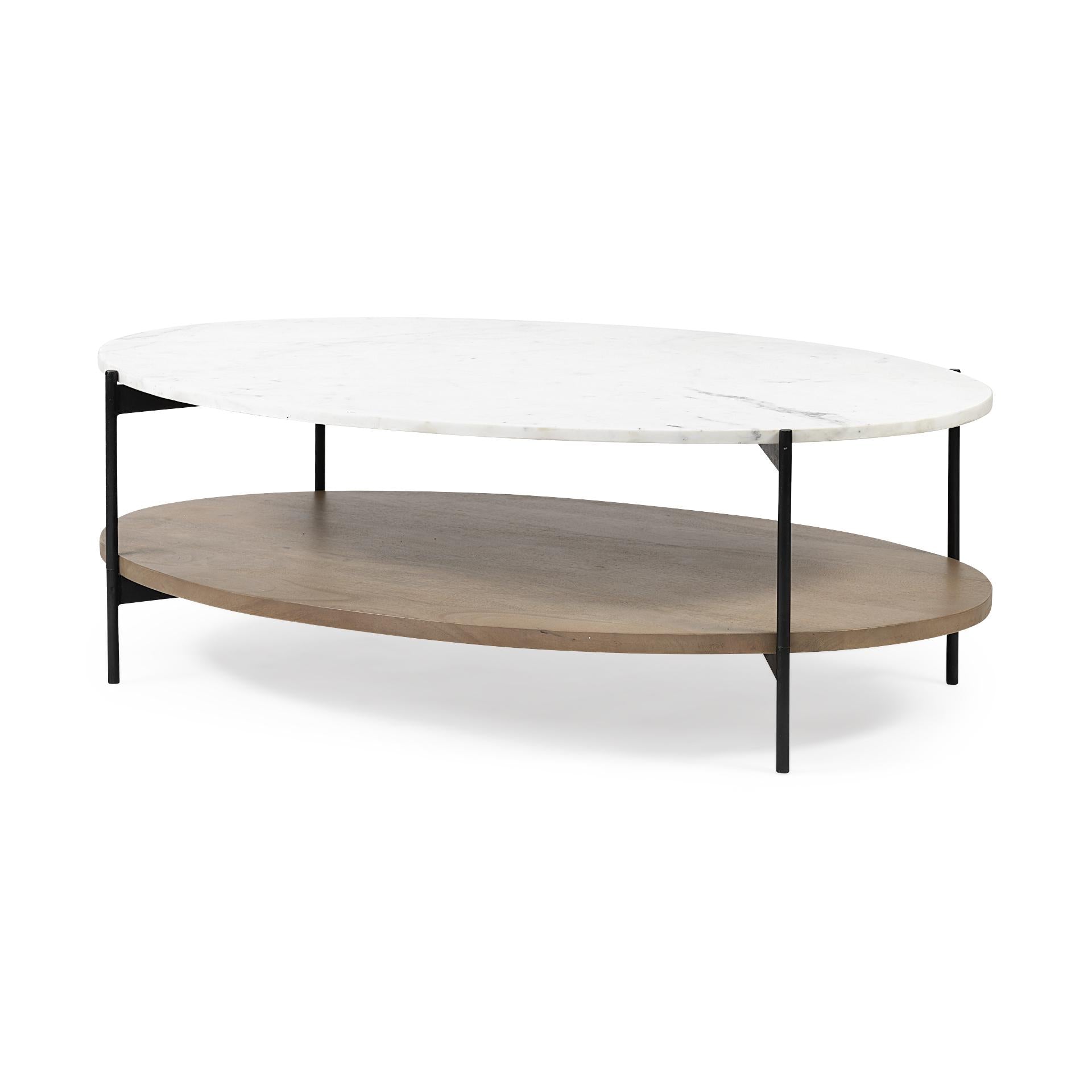 Oval White Marble Top and Black Metal Base Coffee Table w Wood Shelf