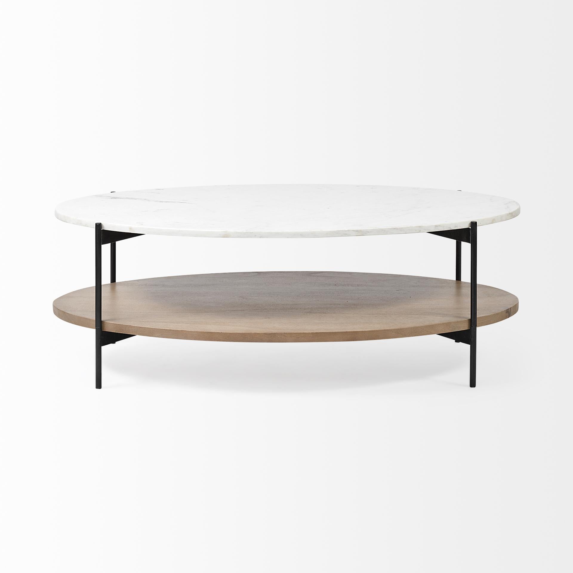 Oval White Marble Top and Black Metal Base Coffee Table w Wood Shelf