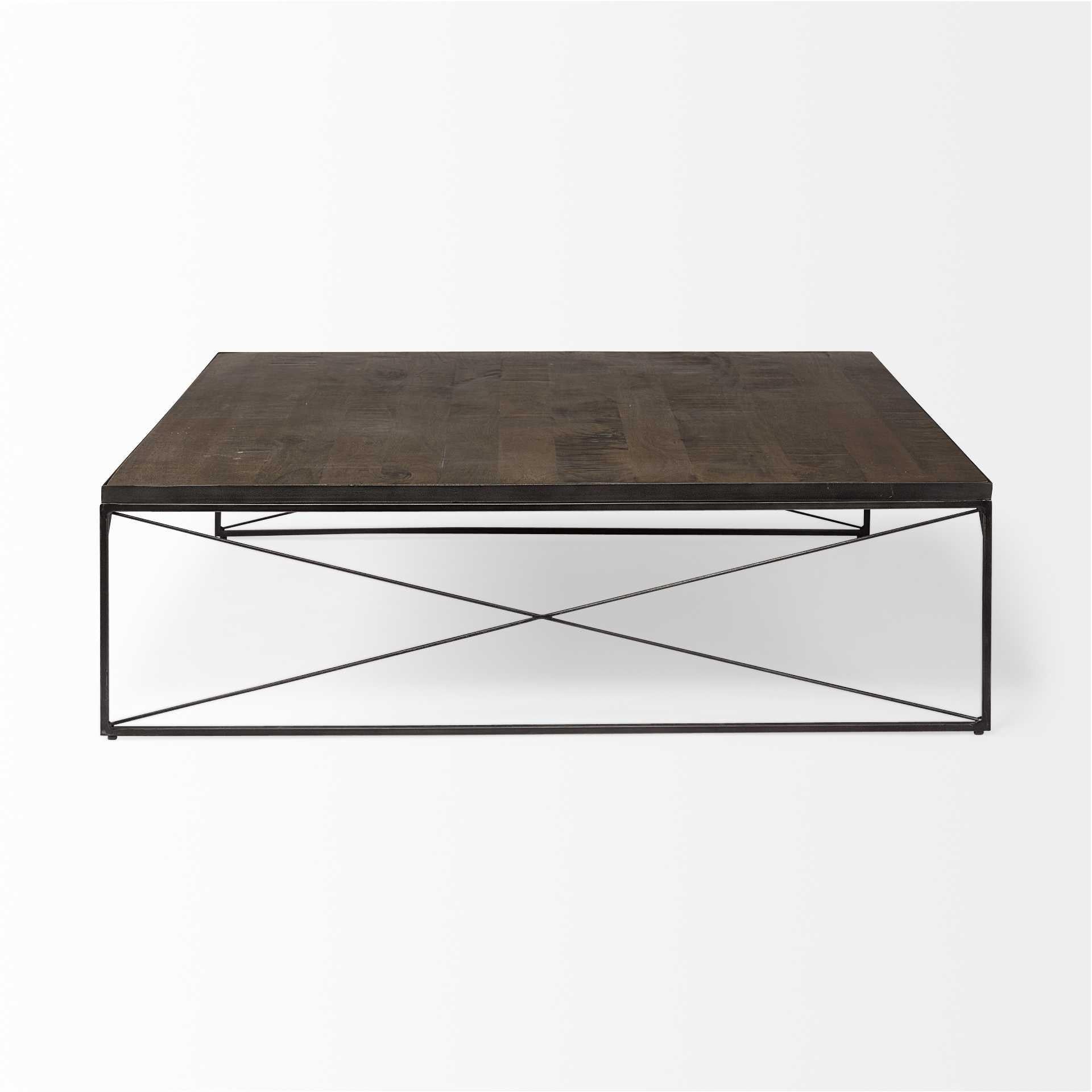 Square Wood Top and Black Metal Base Coffee Table