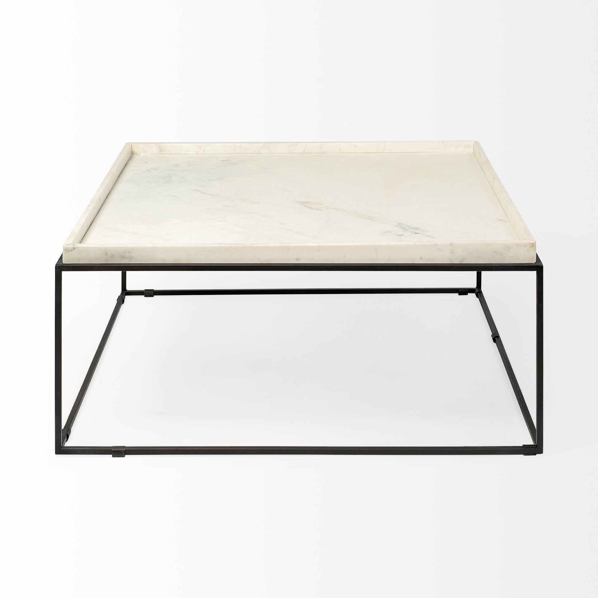 Square White Marble Top and Black Metal Base Coffee Table