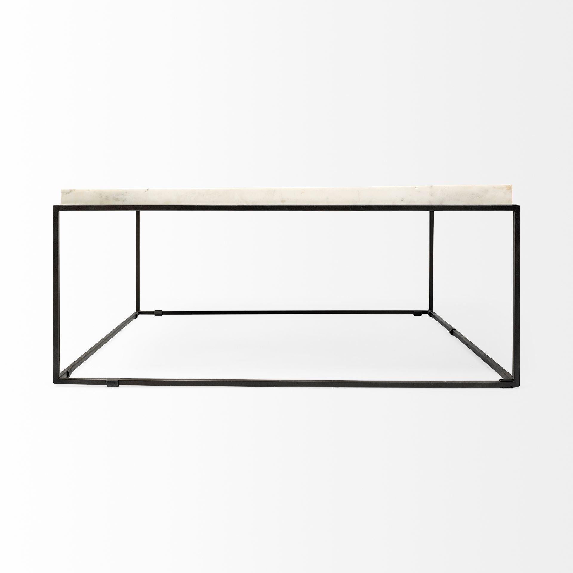 Square White Marble Top and Black Metal Base Coffee Table