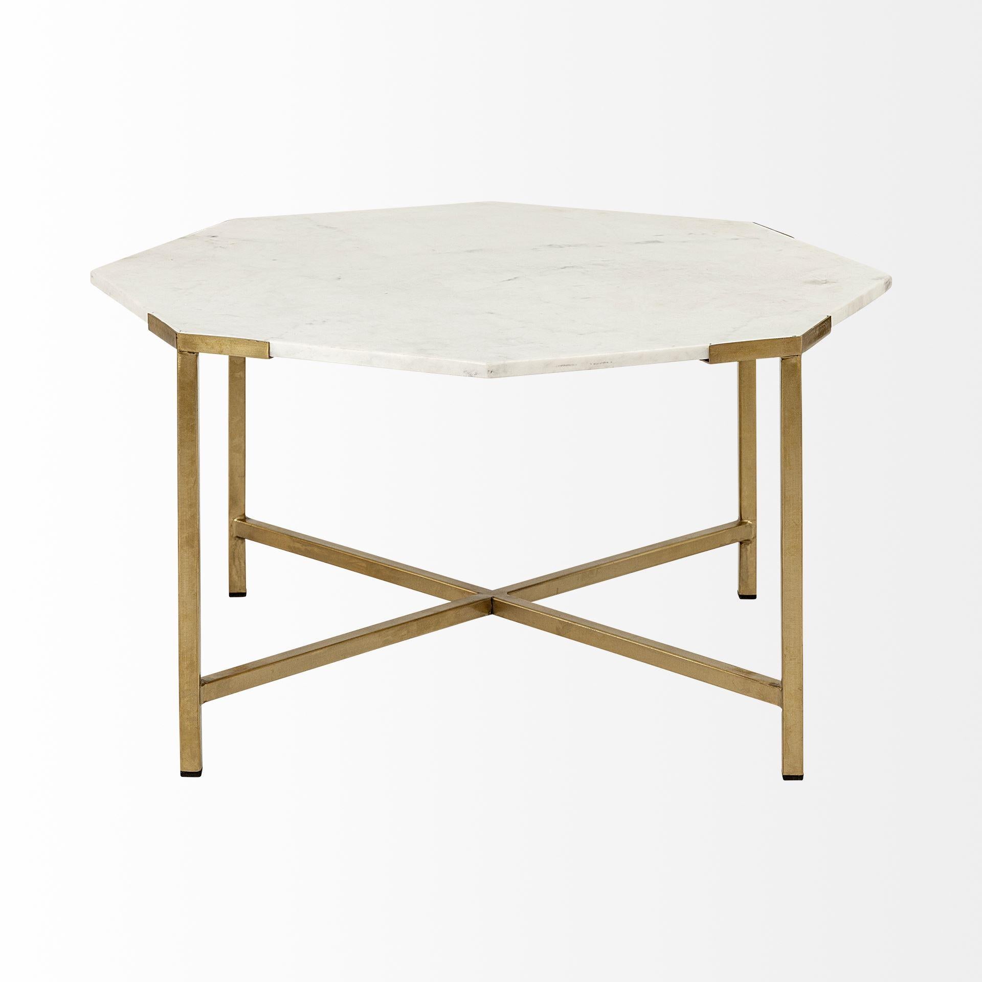 Hexagon White Marble Top and Gold Metal Base Coffee Table