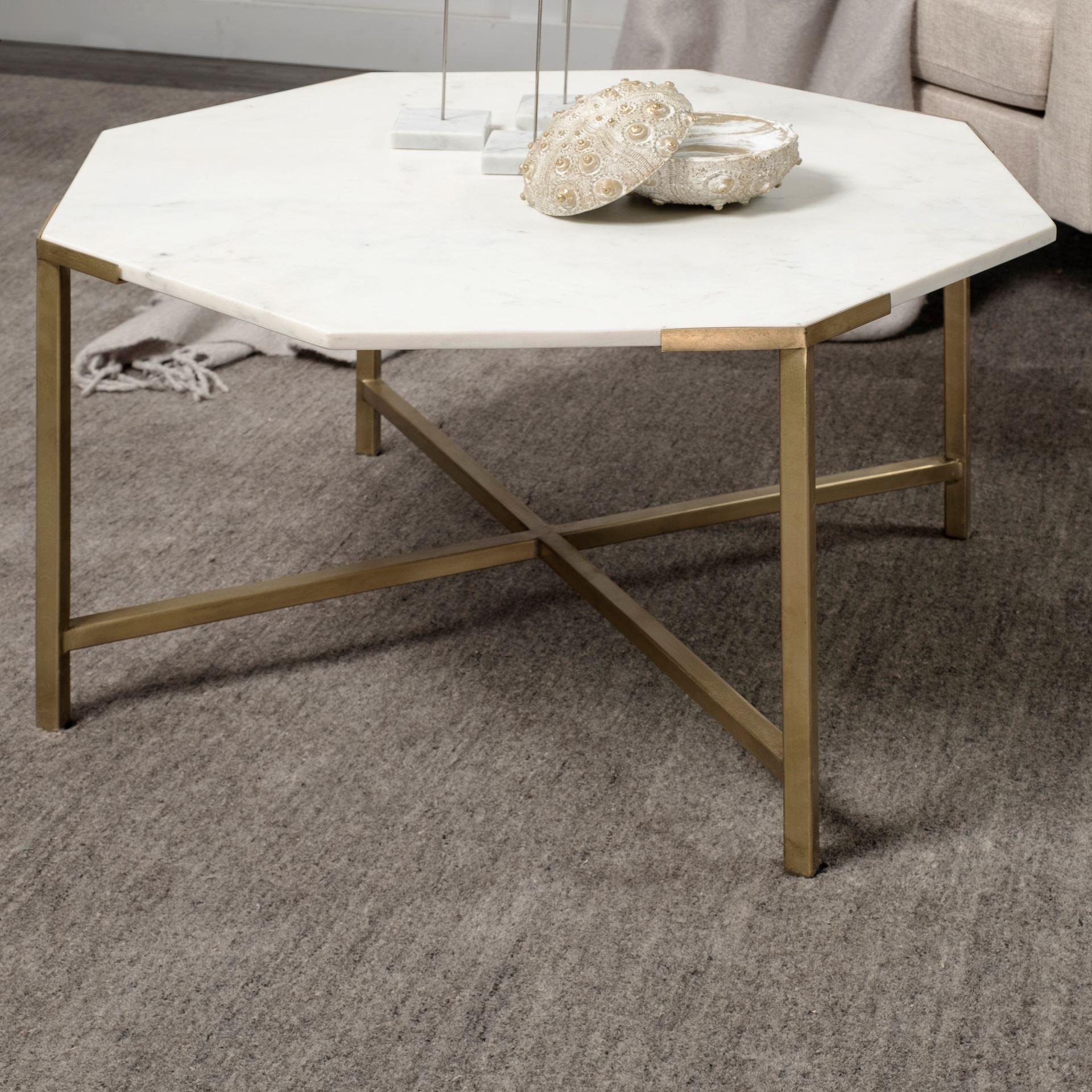 Hexagon White Marble Top and Gold Metal Base Coffee Table