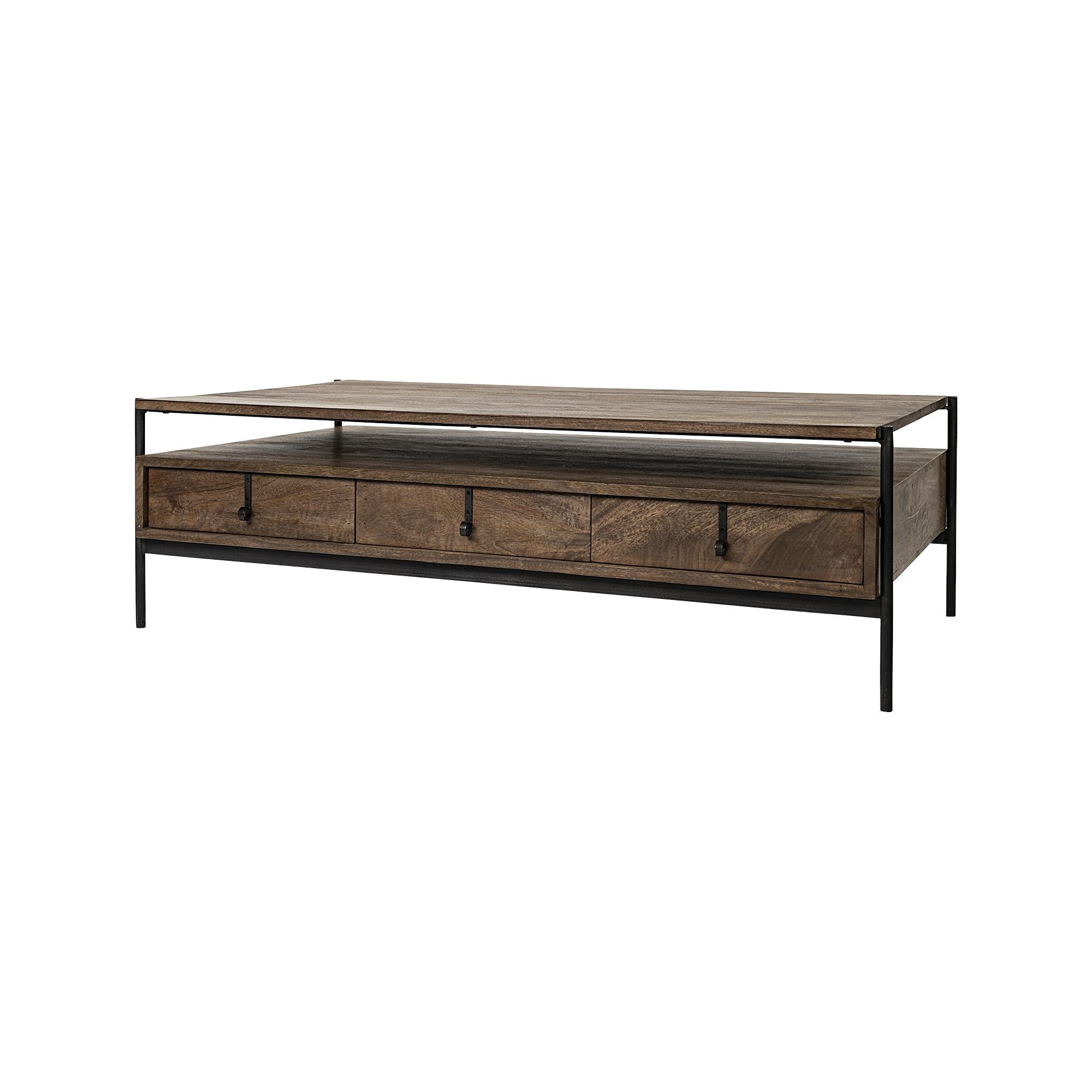 Rectangular Solid Wood and Black Metal Coffee Table w 3 Drawers