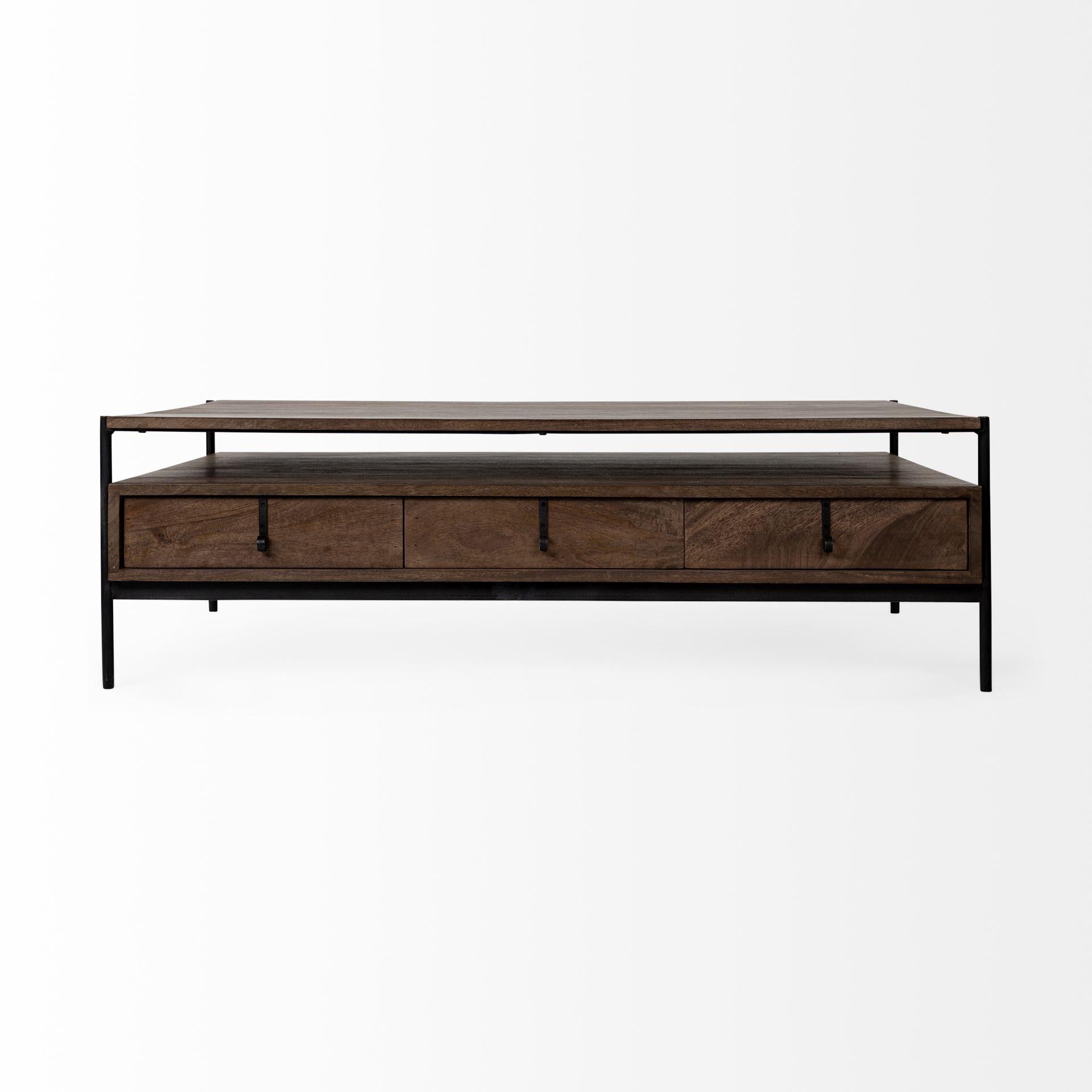 Rectangular Solid Wood and Black Metal Coffee Table w 3 Drawers