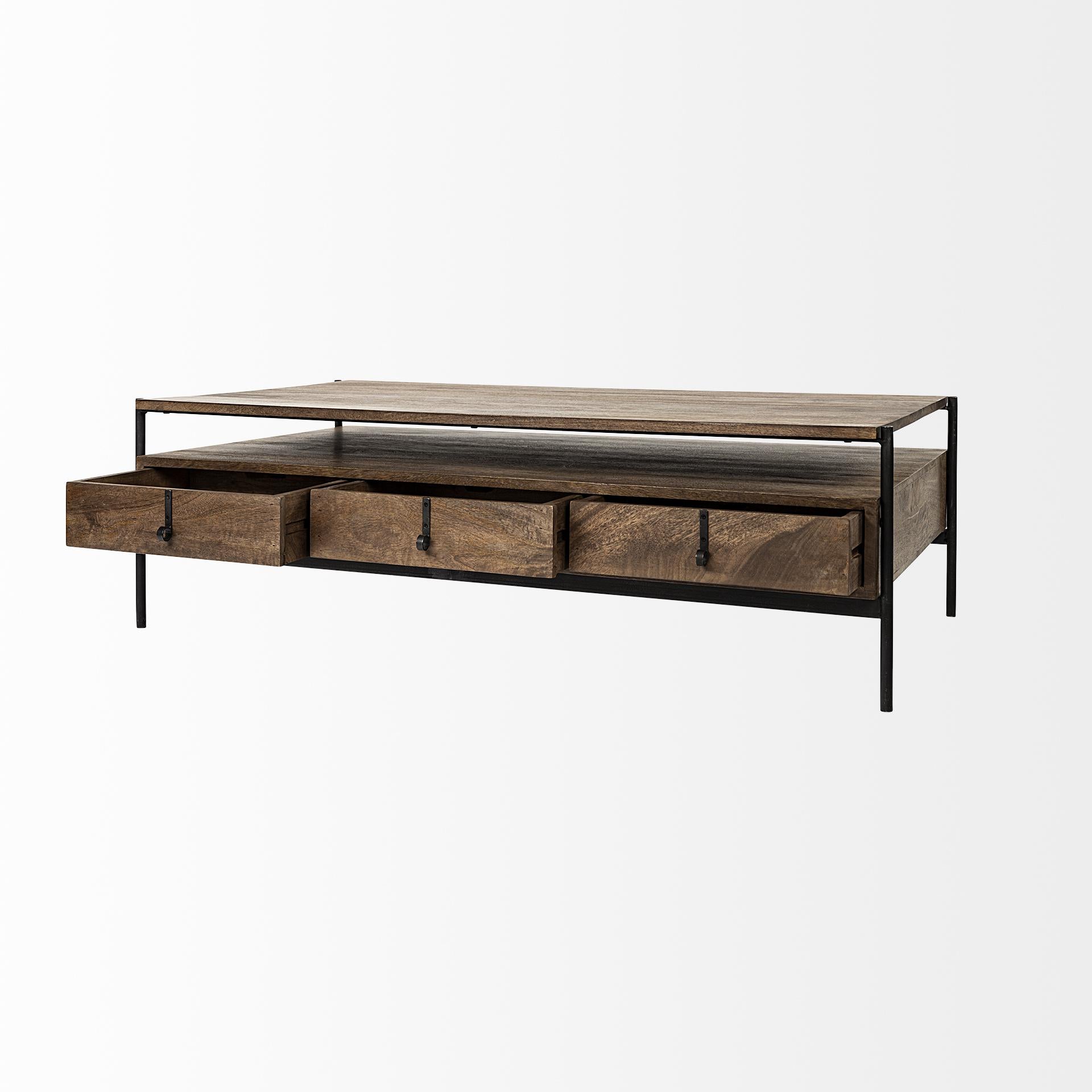 Rectangular Solid Wood and Black Metal Coffee Table w 3 Drawers