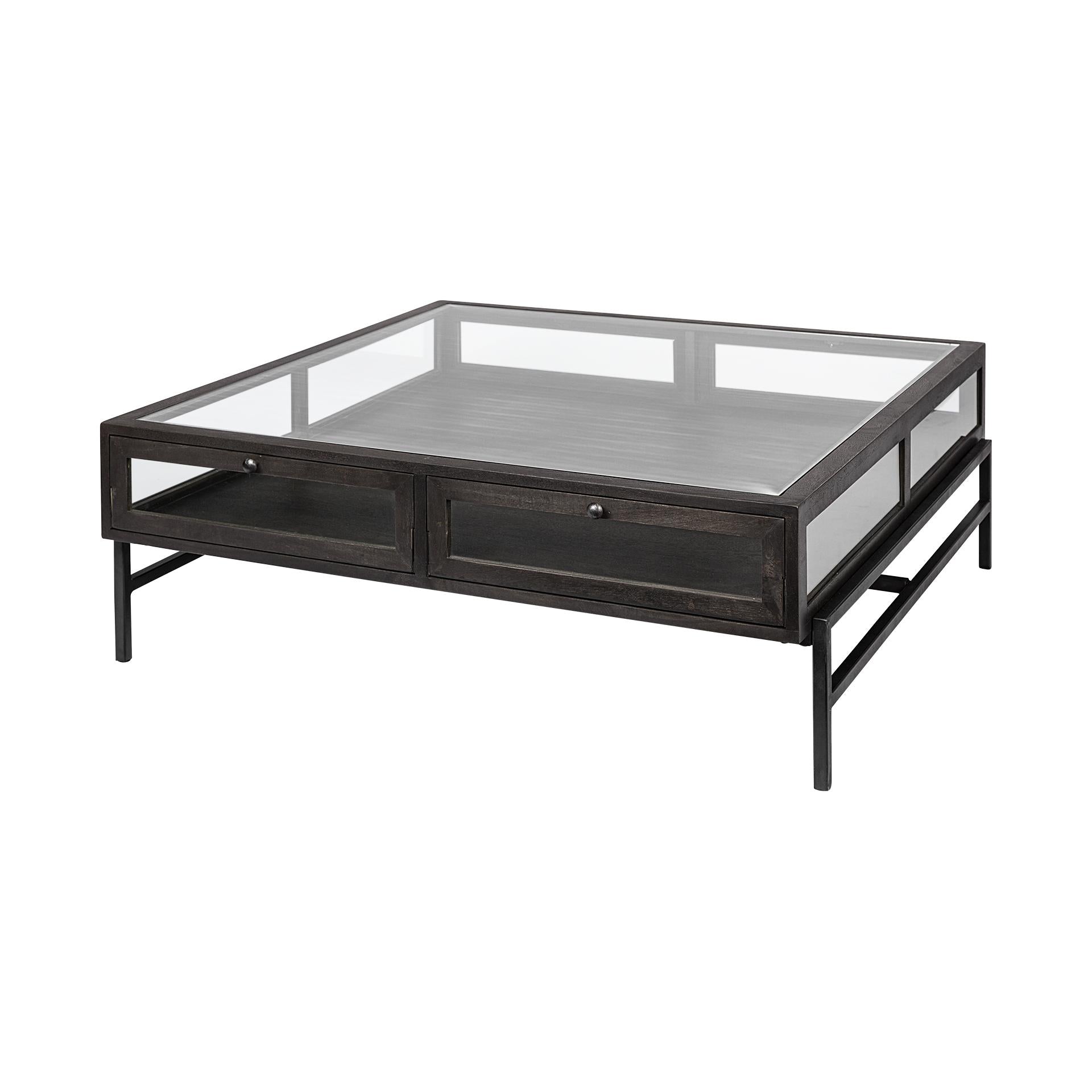 Square Glass Top Wood and Black Metal Base Display Coffee Table w 2 Drawers