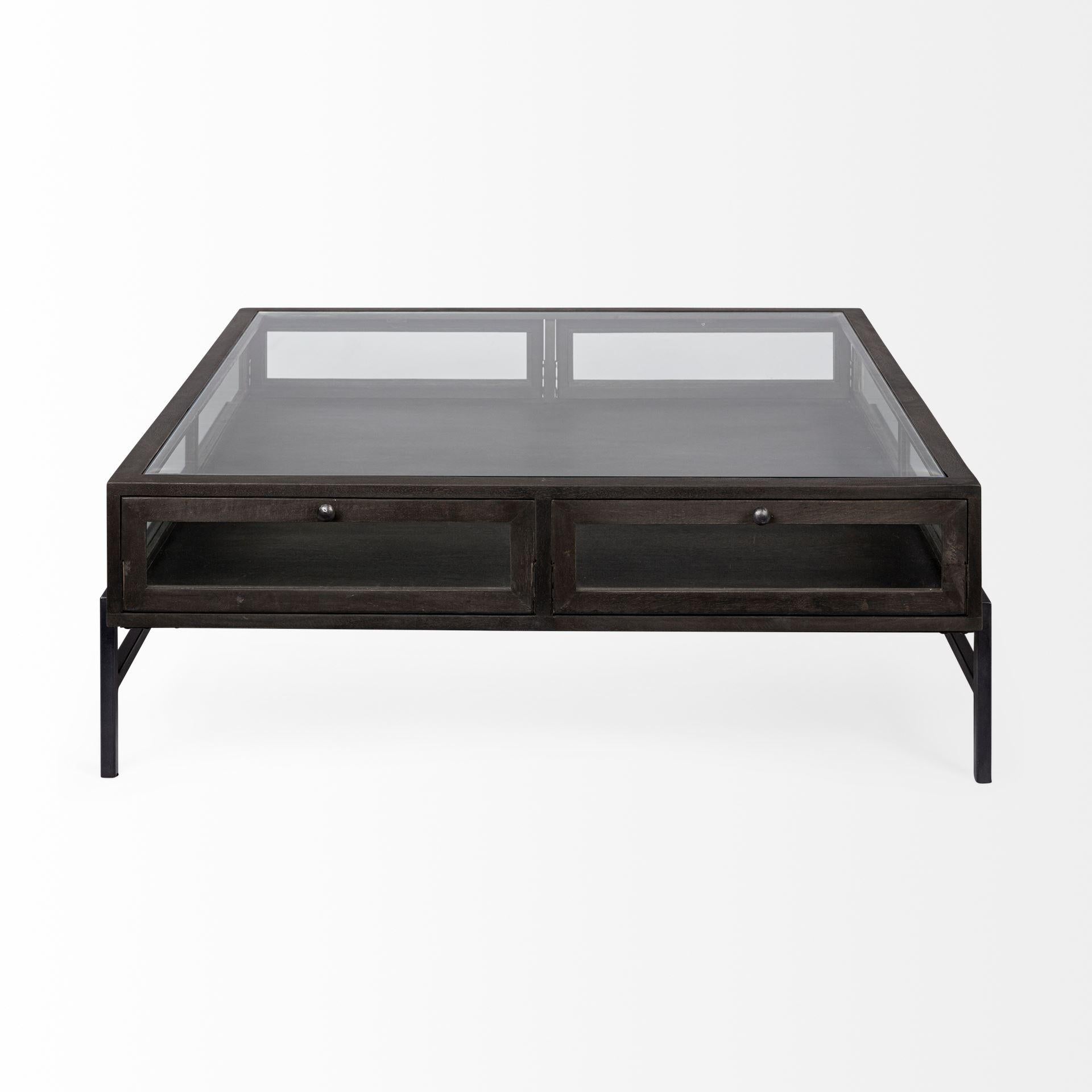 Square Glass Top Wood and Black Metal Base Display Coffee Table w 2 Drawers