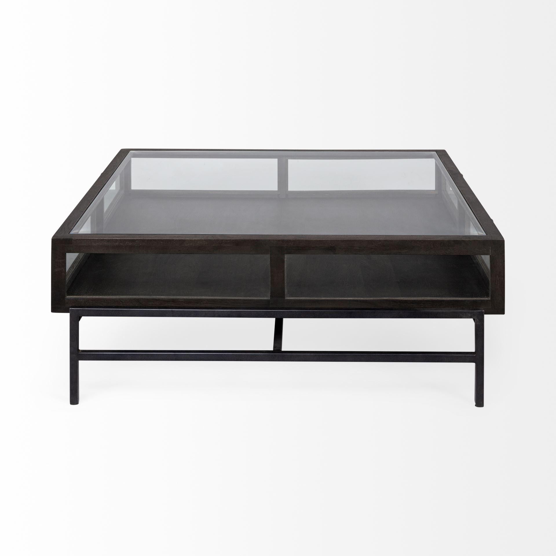 Square Glass Top Wood and Black Metal Base Display Coffee Table w 2 Drawers