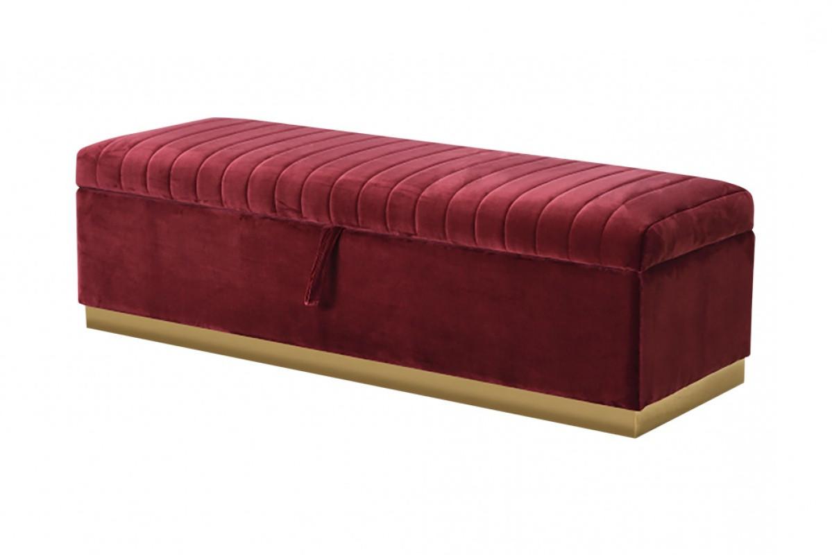 Rectangular Modern Red Velvet Storage Bench with Gold Metal