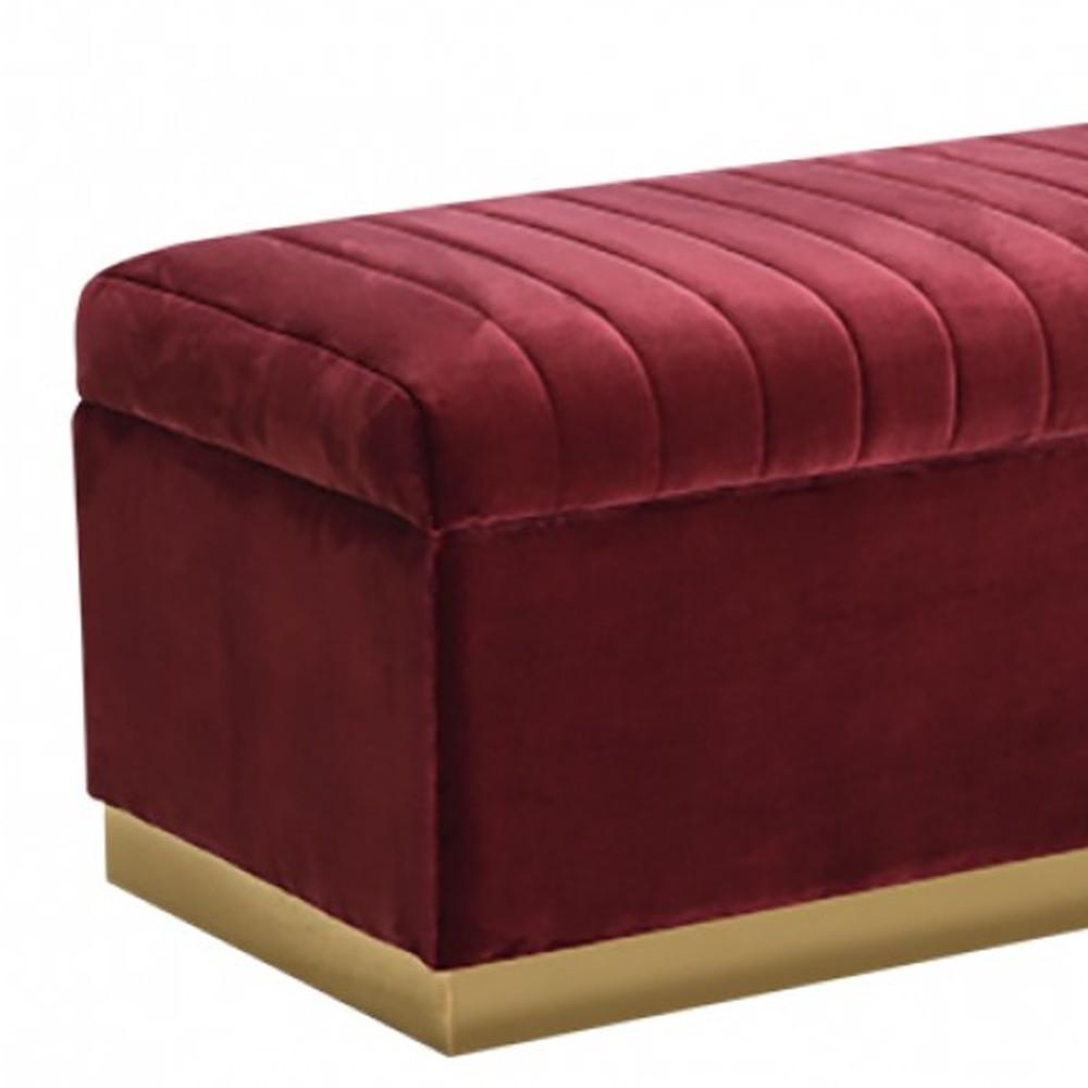 Rectangular Modern Red Velvet Storage Bench with Gold Metal