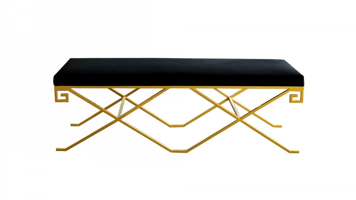 Rectangular Modern Black Velvet Bench with Champagne Gold Steel Frame