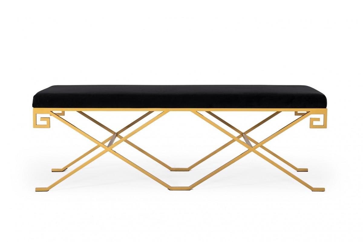 Rectangular Modern Black Velvet Bench with Champagne Gold Steel Frame
