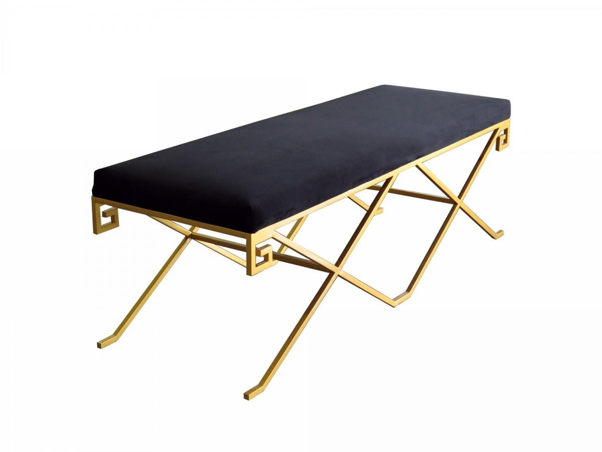 Rectangular Modern Black Velvet Bench with Champagne Gold Steel Frame