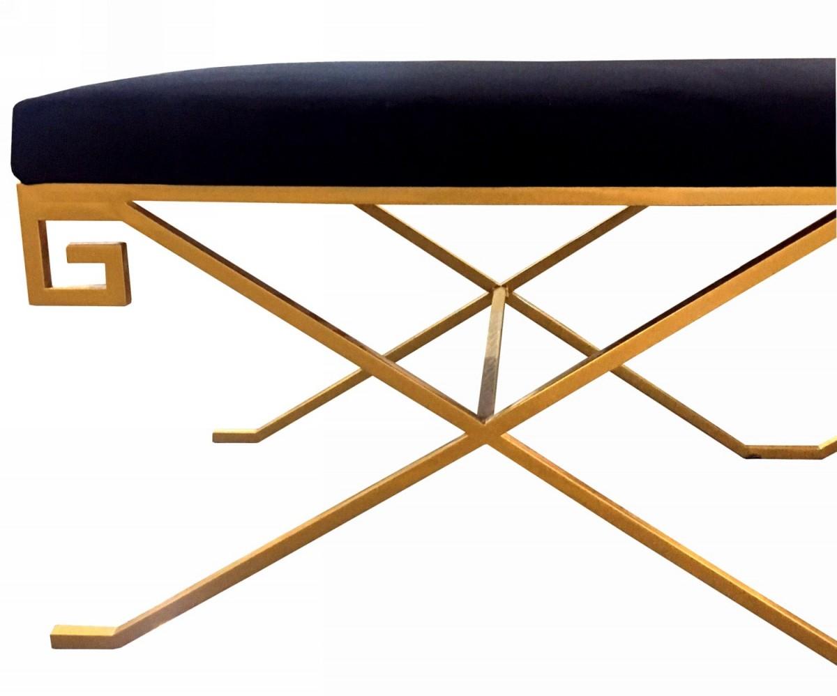 Rectangular Modern Black Velvet Bench with Champagne Gold Steel Frame