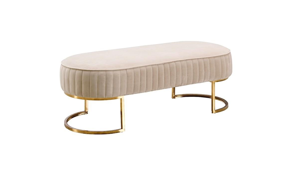 Oval Modern Beige Velvet Bench with Gold Crescent shaped base