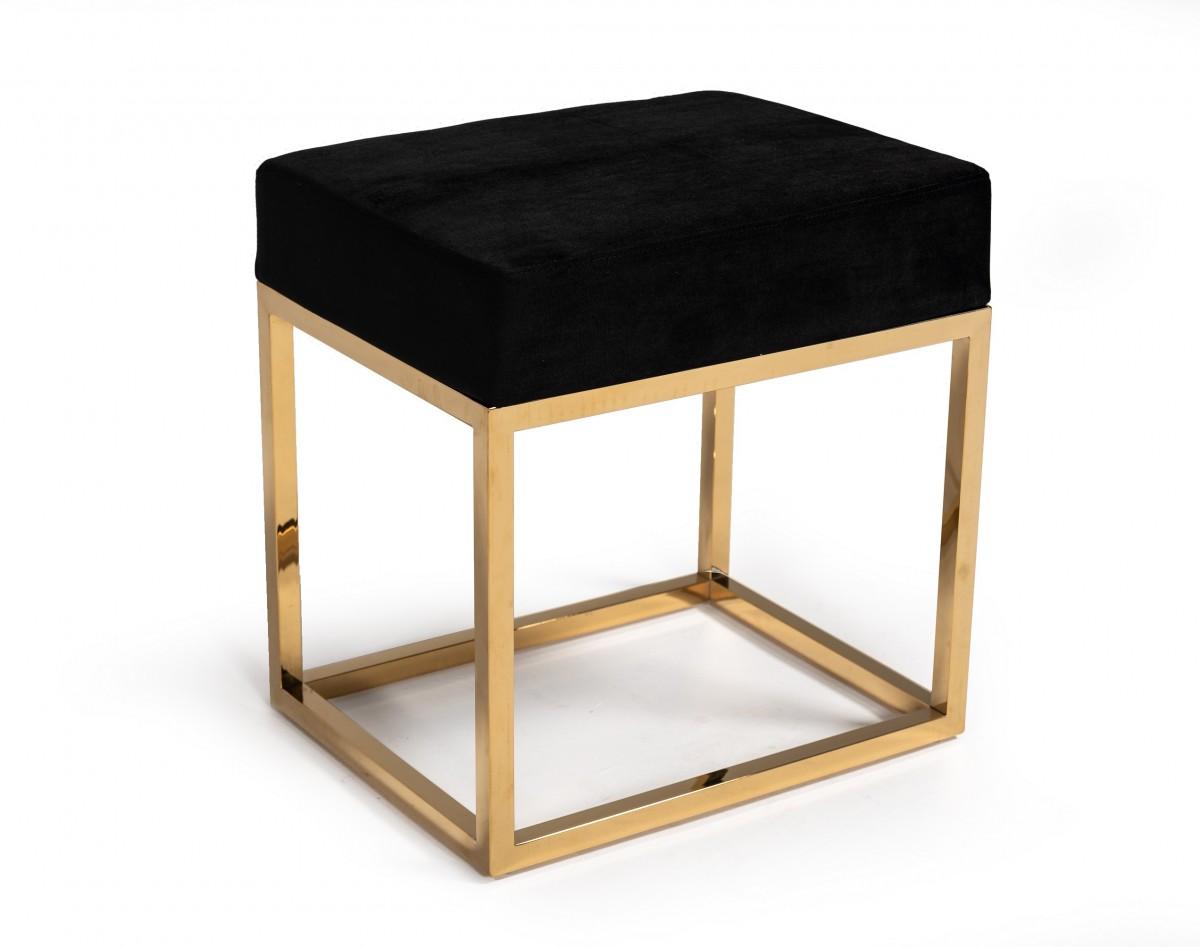 Square Modern Black Velvet Ottoman with Gold Stainless Steel