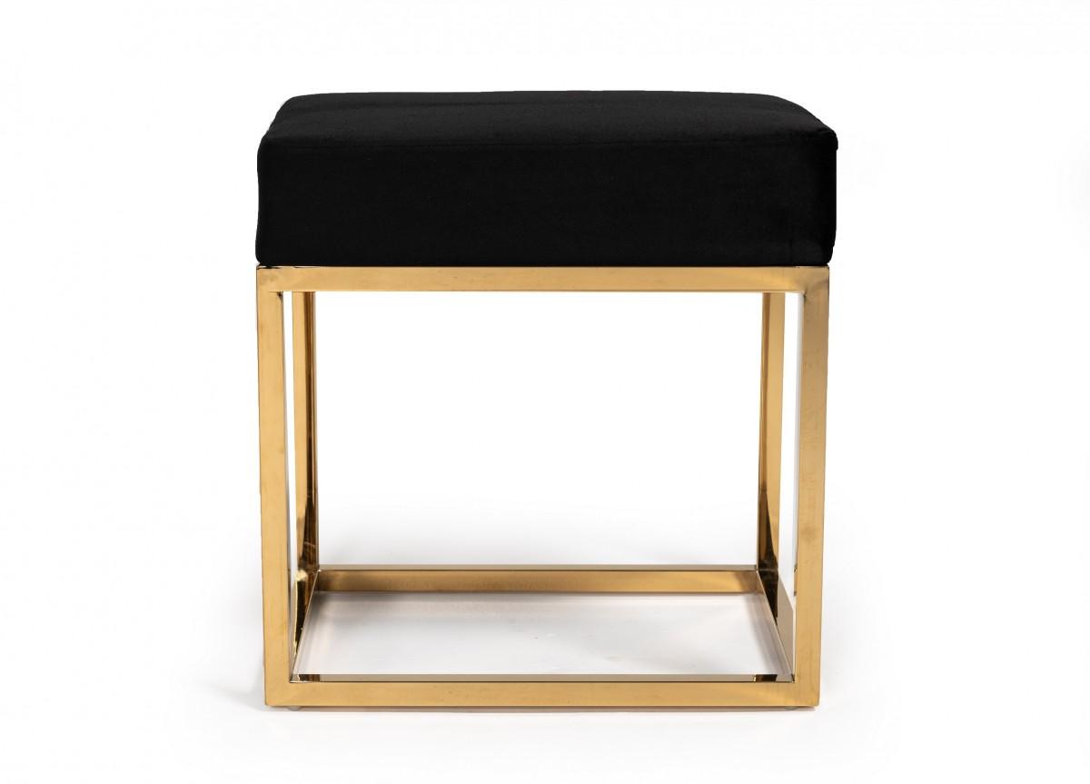 Square Modern Black Velvet Ottoman with Gold Stainless Steel