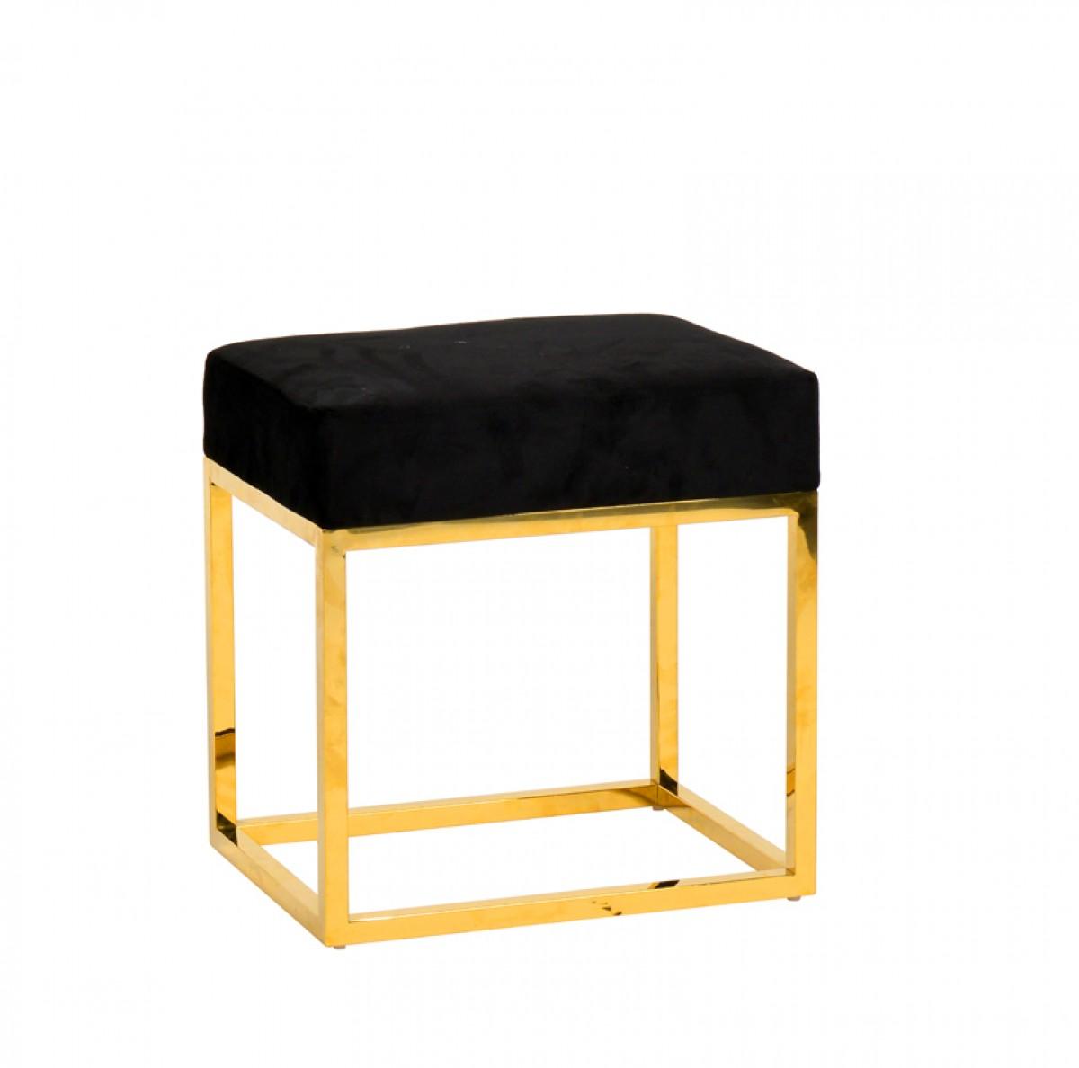 Square Modern Black Velvet Ottoman with Gold Stainless Steel