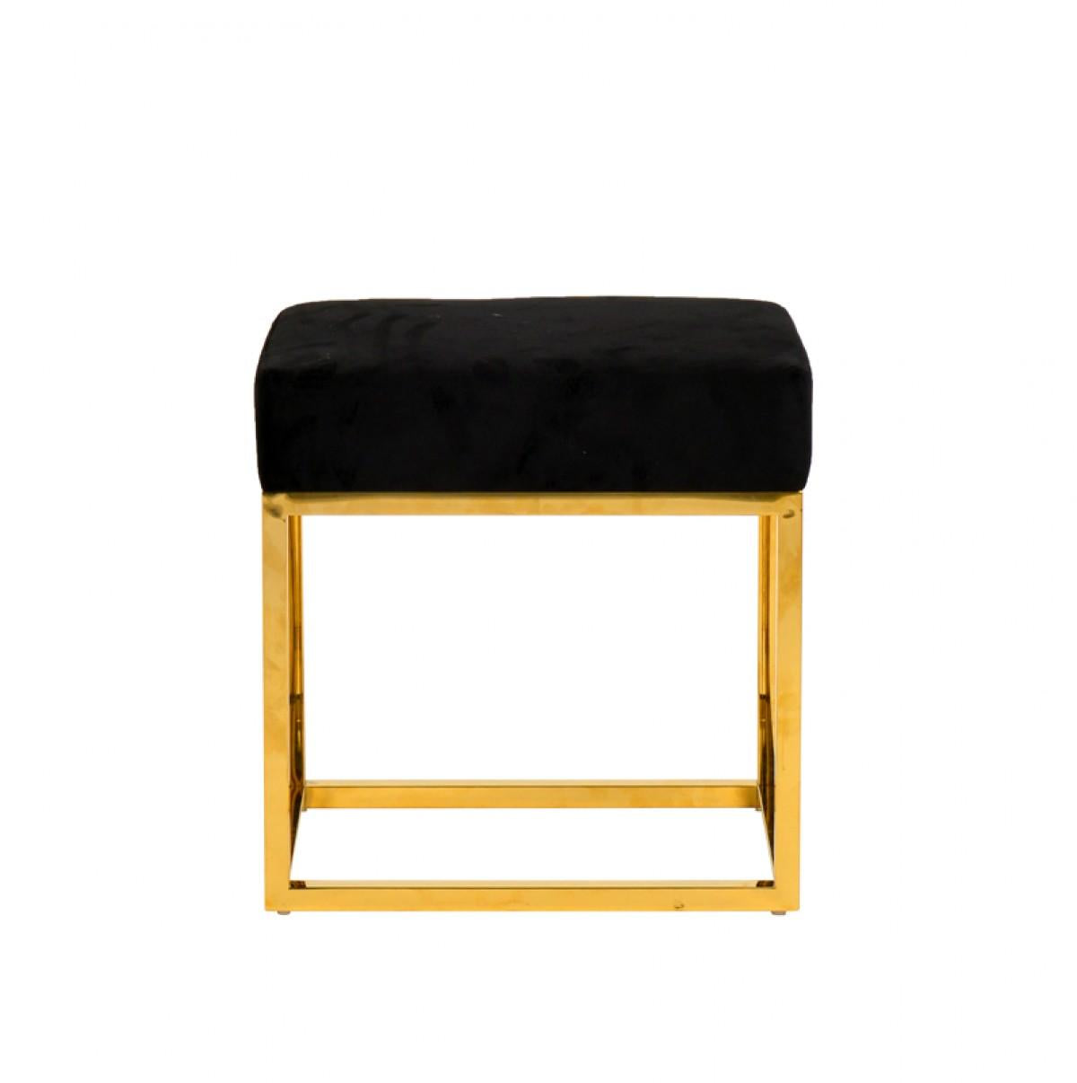 Square Modern Black Velvet Ottoman with Gold Stainless Steel