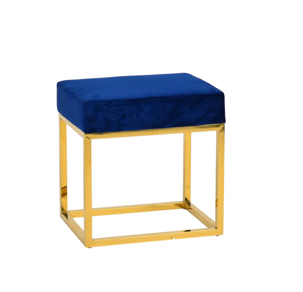 Square Modern Blue Velvet Ottoman with Gold Stainless Steel