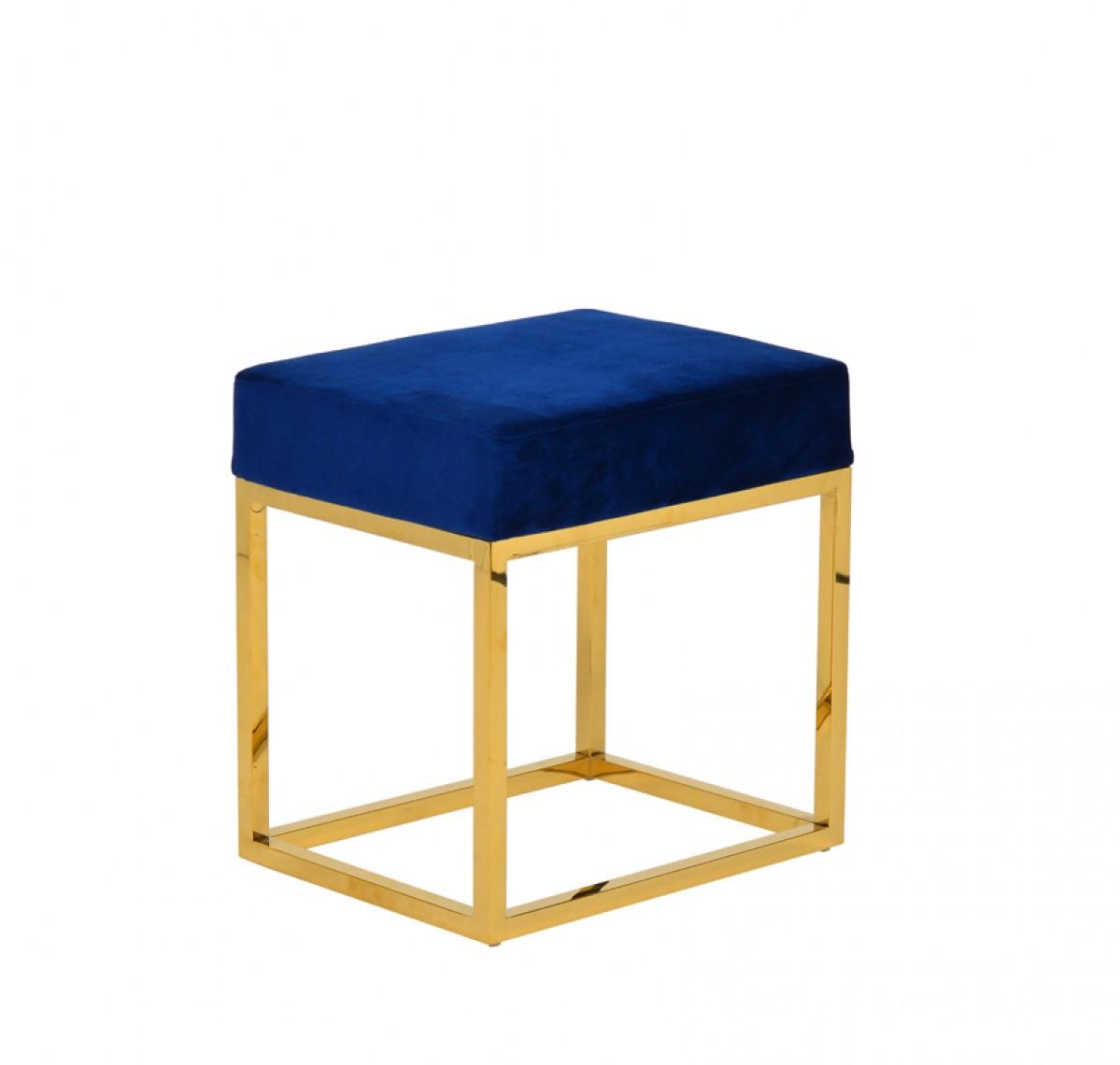 Square Modern Blue Velvet Ottoman with Gold Stainless Steel