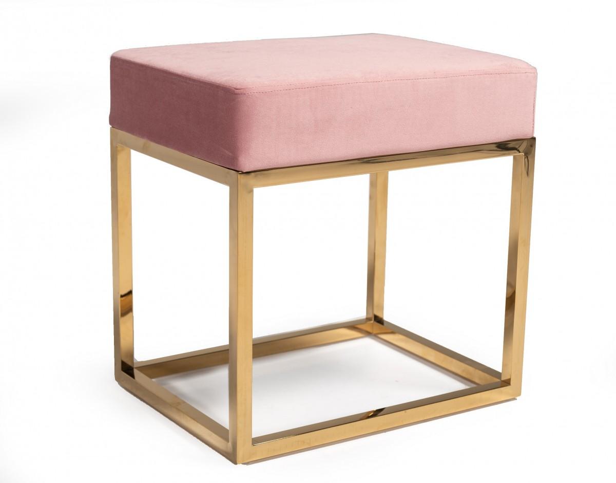 Square Modern Pink Velvet Ottoman with Gold Stainless Steel