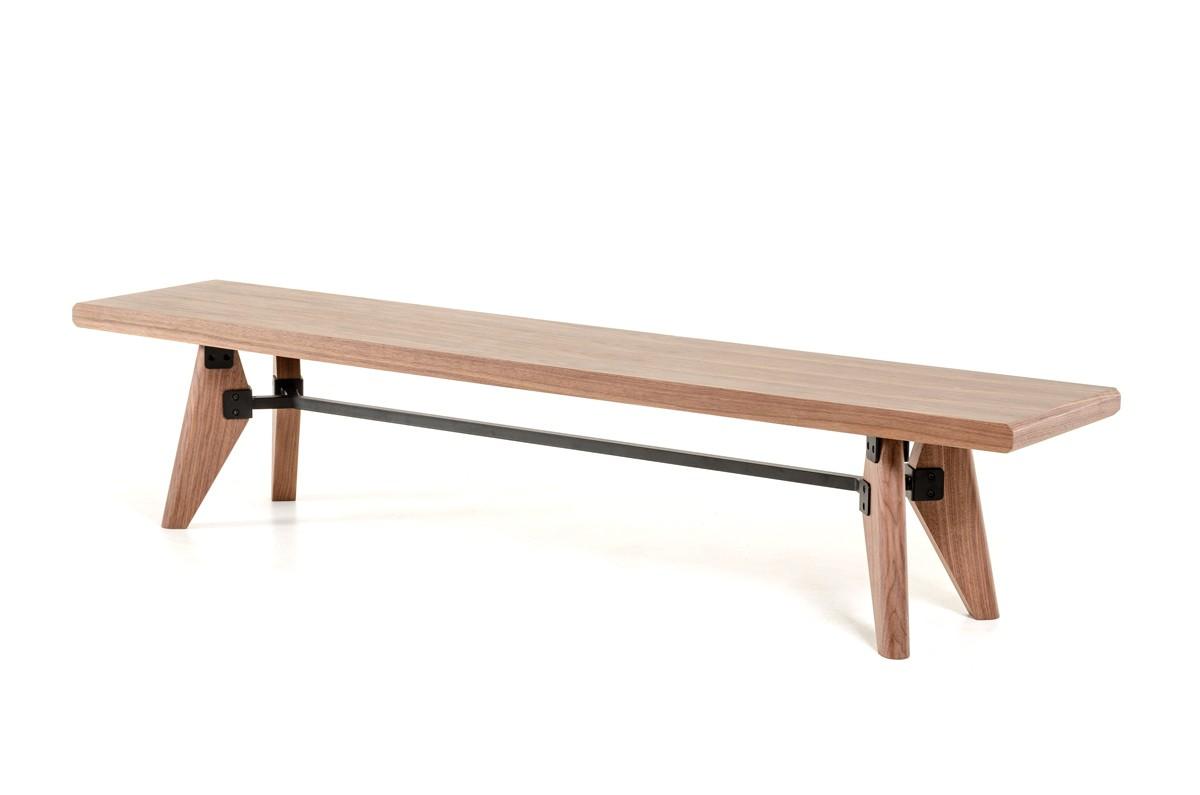 Modern Walnut Finish Dining Bench with Silky Black Metal Support Bar