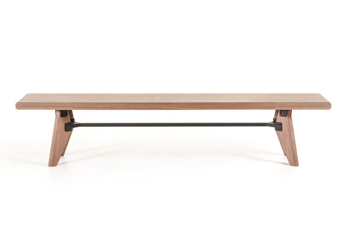 Modern Walnut Finish Dining Bench with Silky Black Metal Support Bar