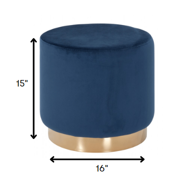 Round Modern Blue Velvet Ottoman with Gold Base