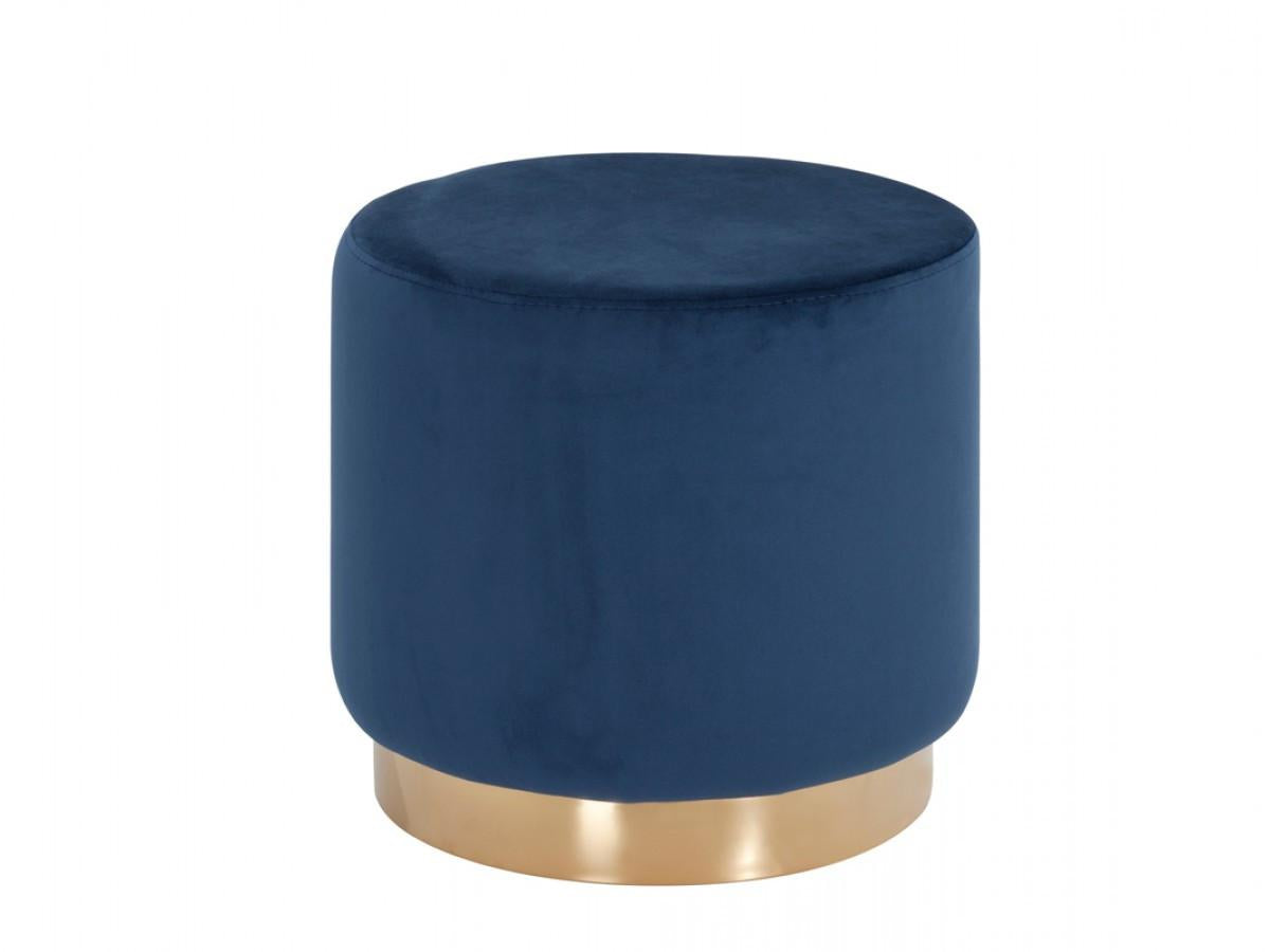 Round Modern Blue Velvet Ottoman with Gold Base