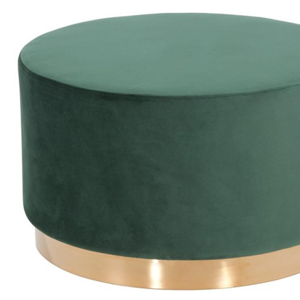 Round Modern Green Velvet Fabric Upholstered  Ottoman with Gold Stainless Steel Base