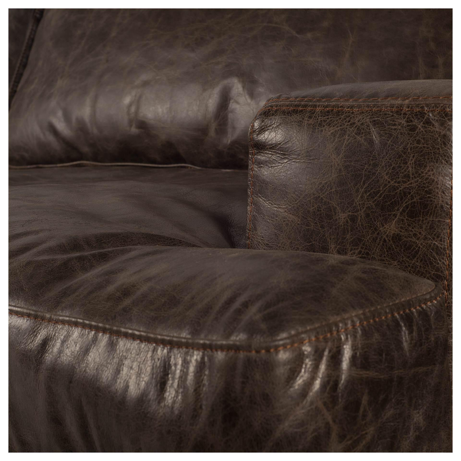 Dark Brown Moroccan Leather Wide Accent chair with Wood and Black Iron Base