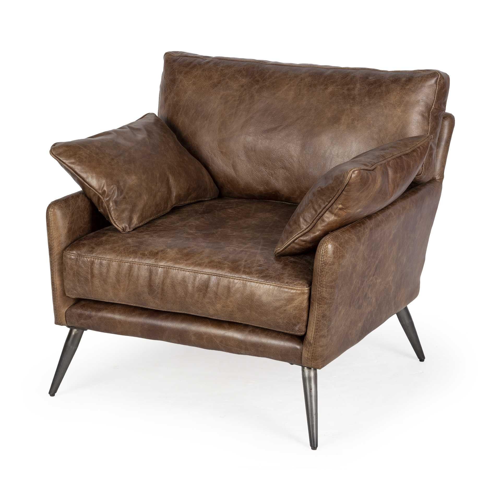 Espresso Brown Top-Grain Leather Wide Accent chair with Wooden Frame and Iron Legs