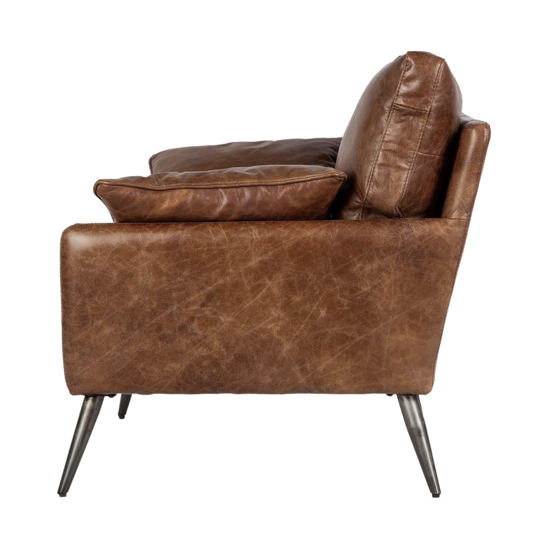 Espresso Brown Top-Grain Leather Wide Accent chair with Wooden Frame and Iron Legs