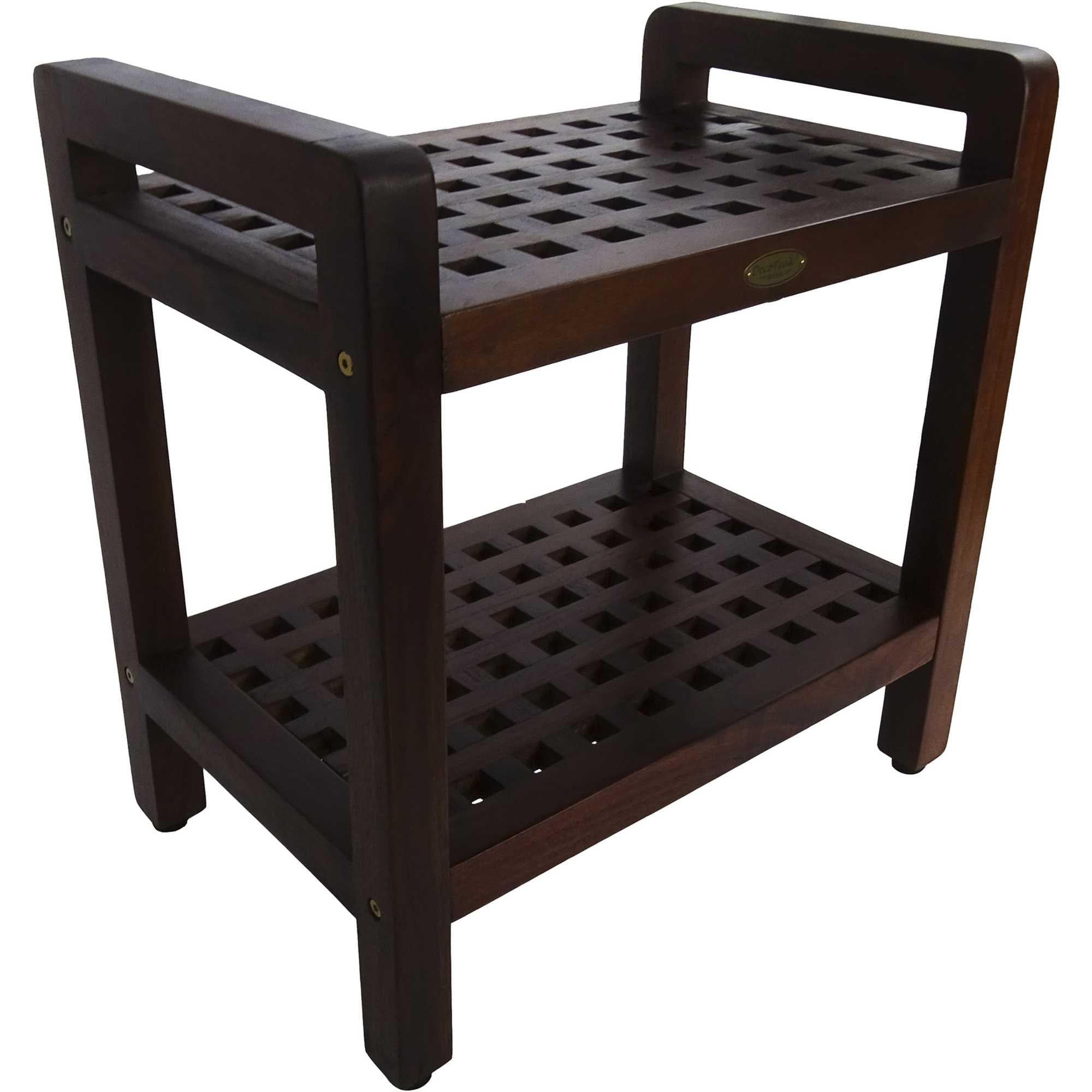 Teak Lattice Pattern Shower Stool with Shelf and Handles in Brown Finish