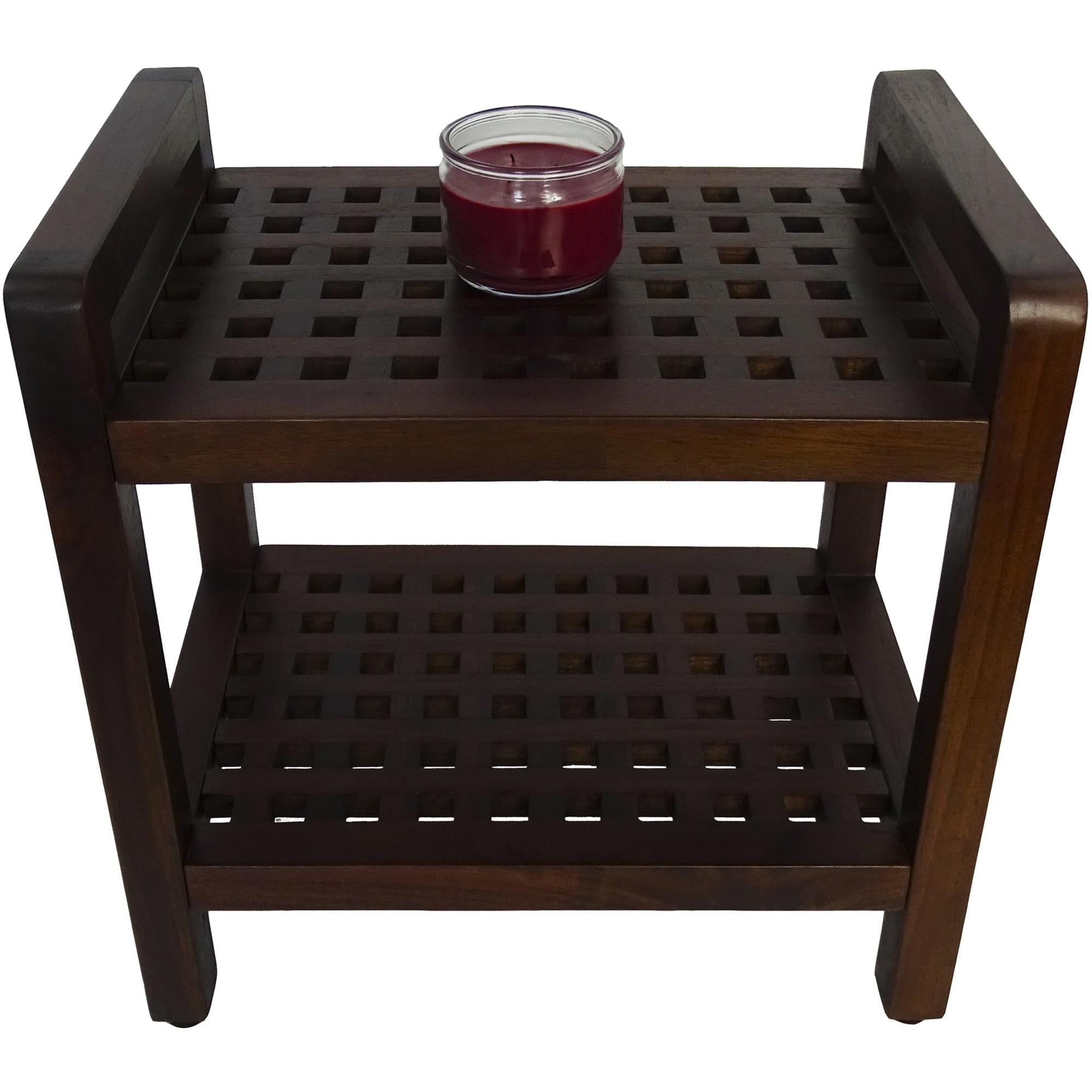 Teak Lattice Pattern Shower Stool with Shelf and Handles in Brown Finish