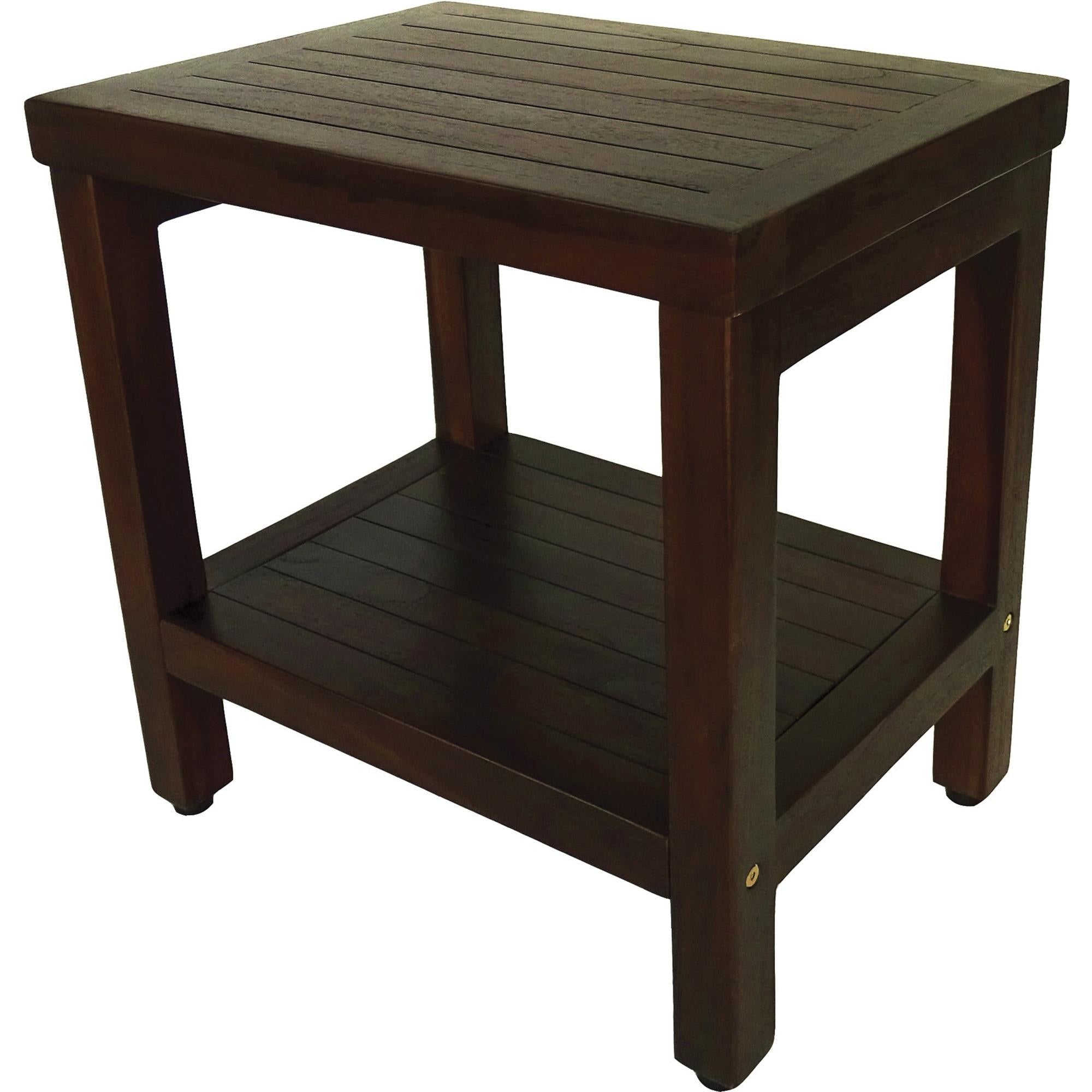 Compact Rectangular Teak Shower or Outdoor Bench with Shelf in Brown Finish