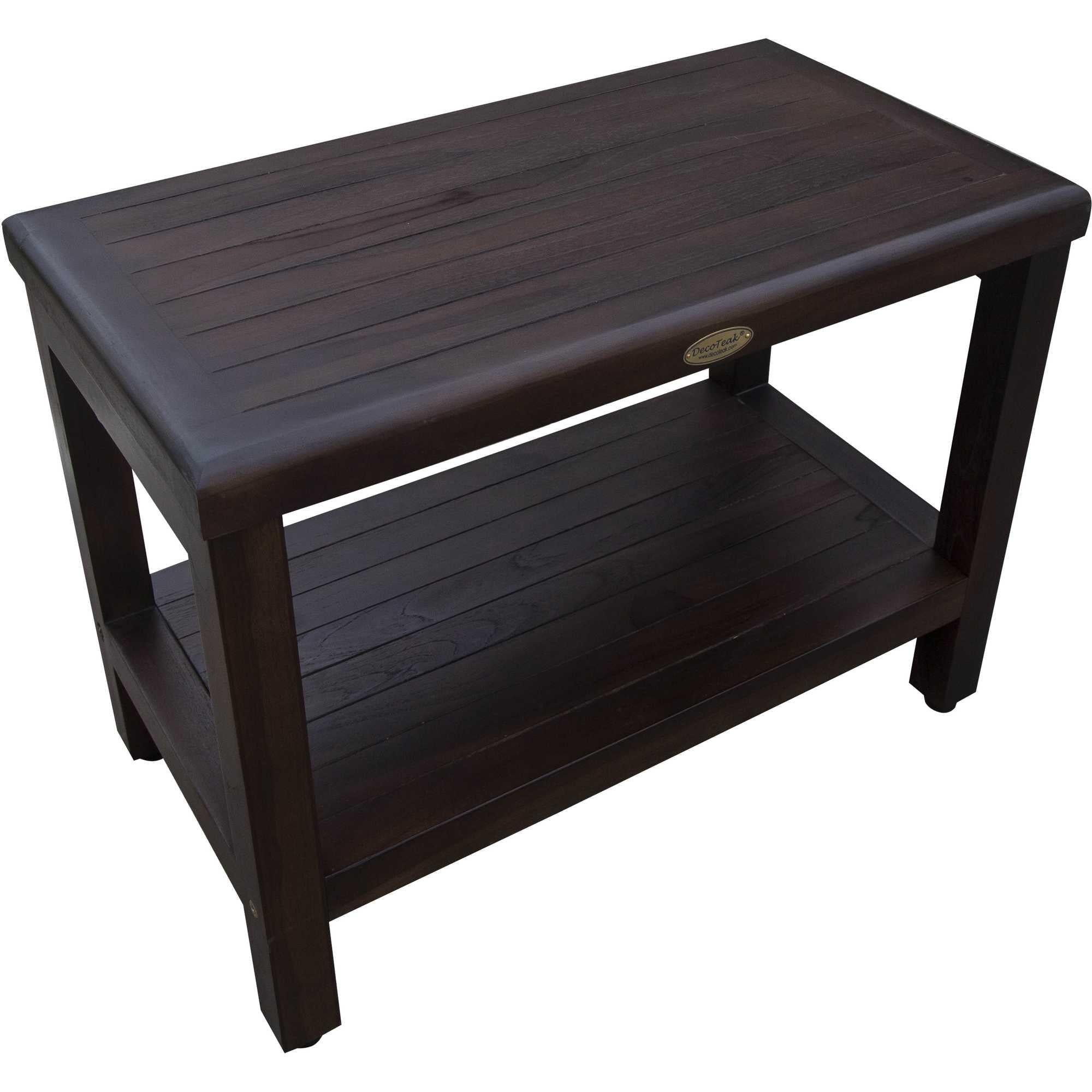 Rectangular Teak Shower Bench with Shelf in Brown Finish