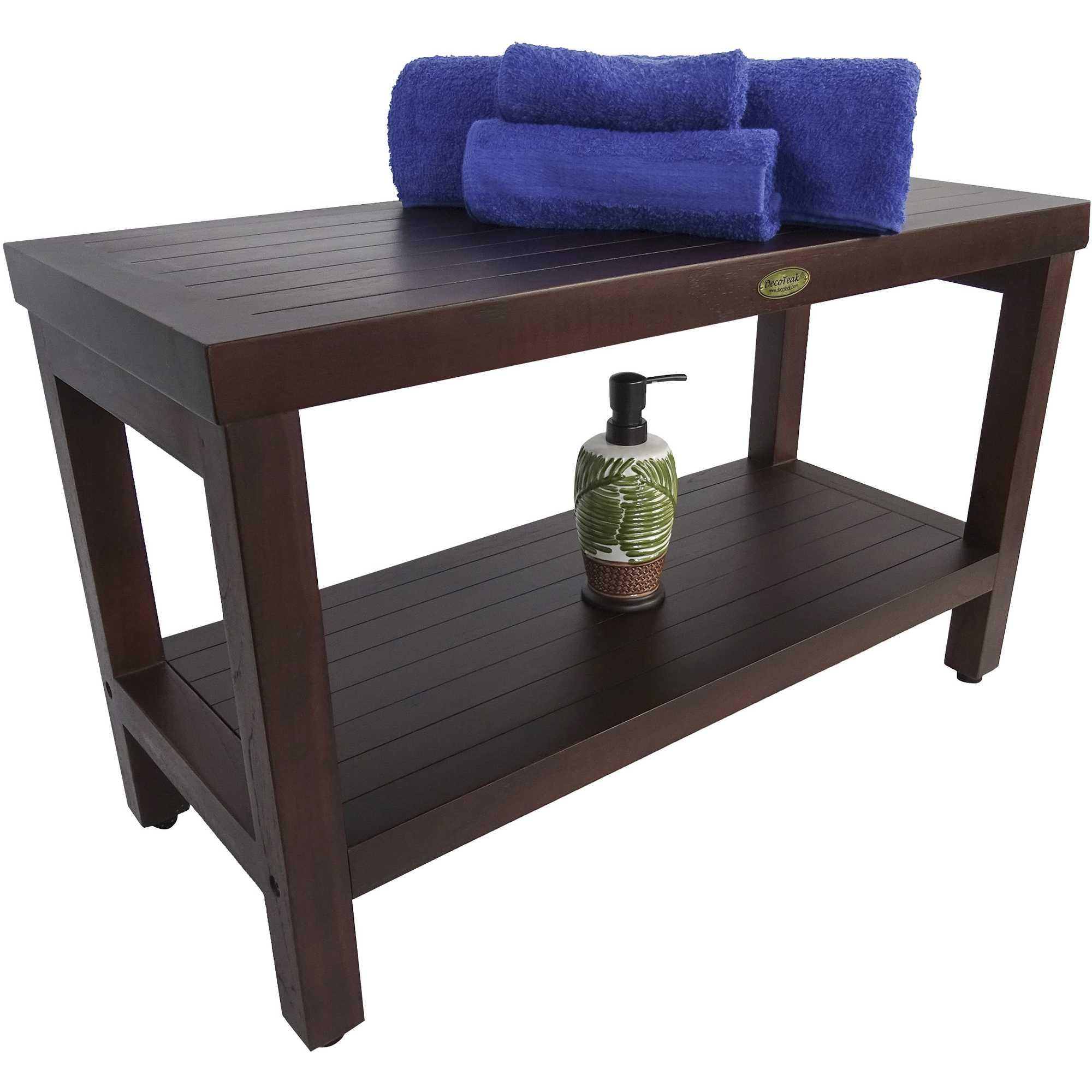 Rectangular Teak Shower Stool or Bench with Shelf in Brown Finish