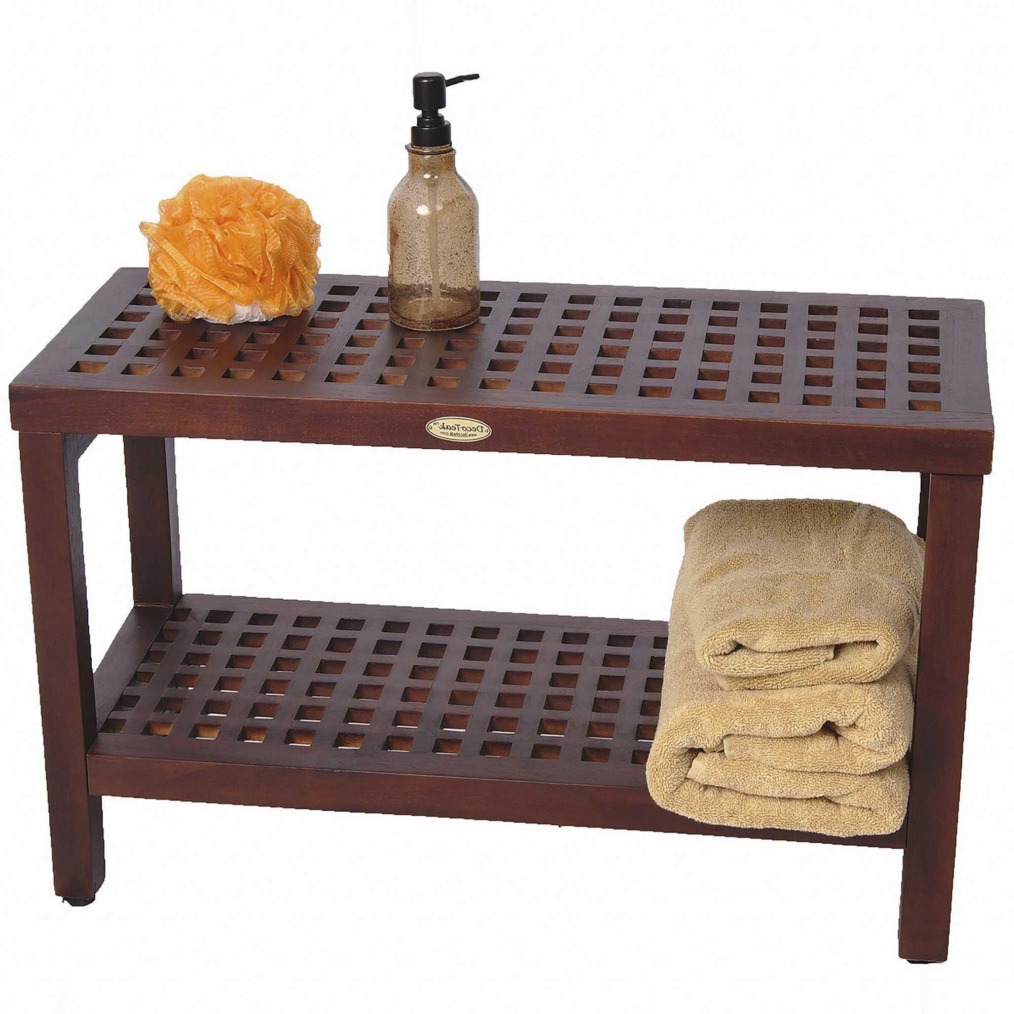 Lattice Teak Shower Bench with Shelf in Brown Finish